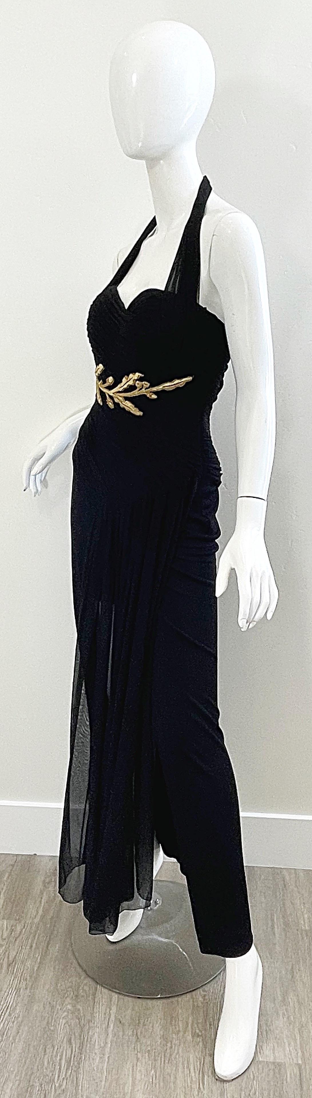 1980s Vicky Tiel Couture Size 40 / 8 Black Gold Embroidered Vintage Halter Gown For Sale 6