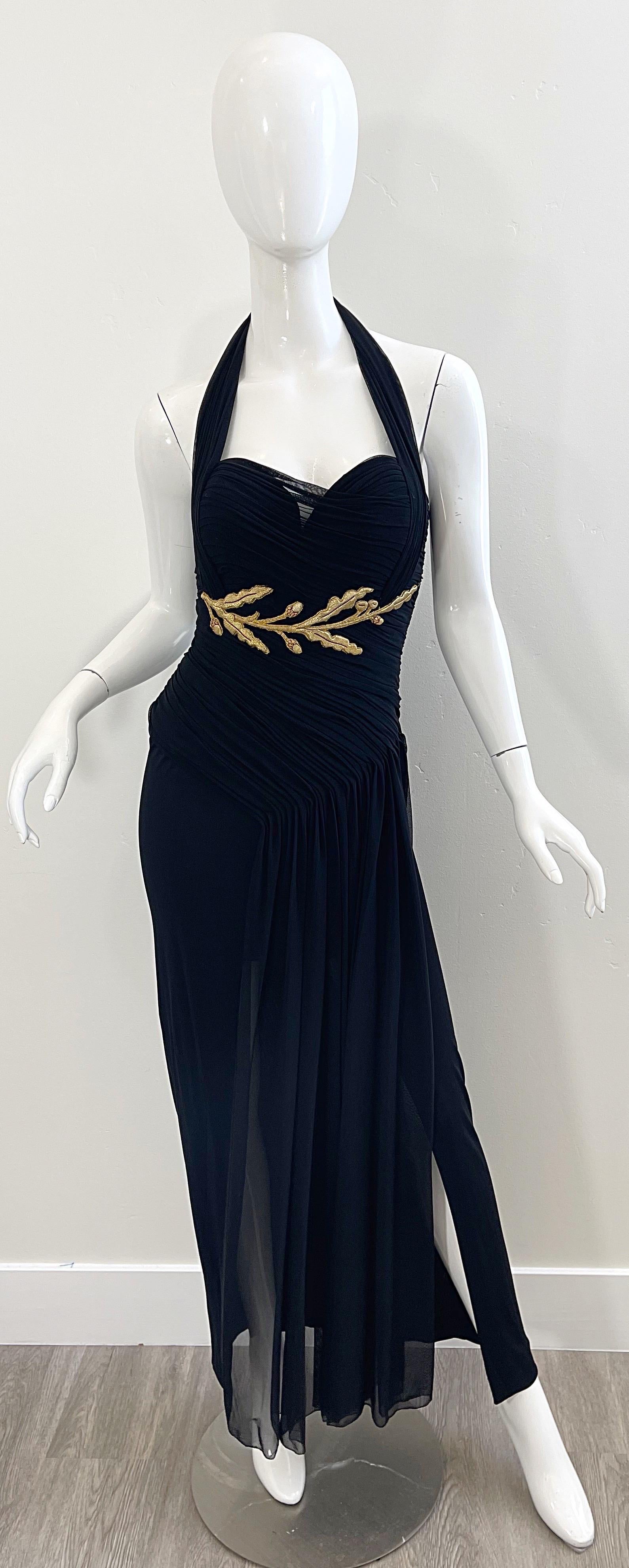 1980s Vicky Tiel Couture Size 40 / 8 Black Gold Embroidered Vintage Halter Gown For Sale 9