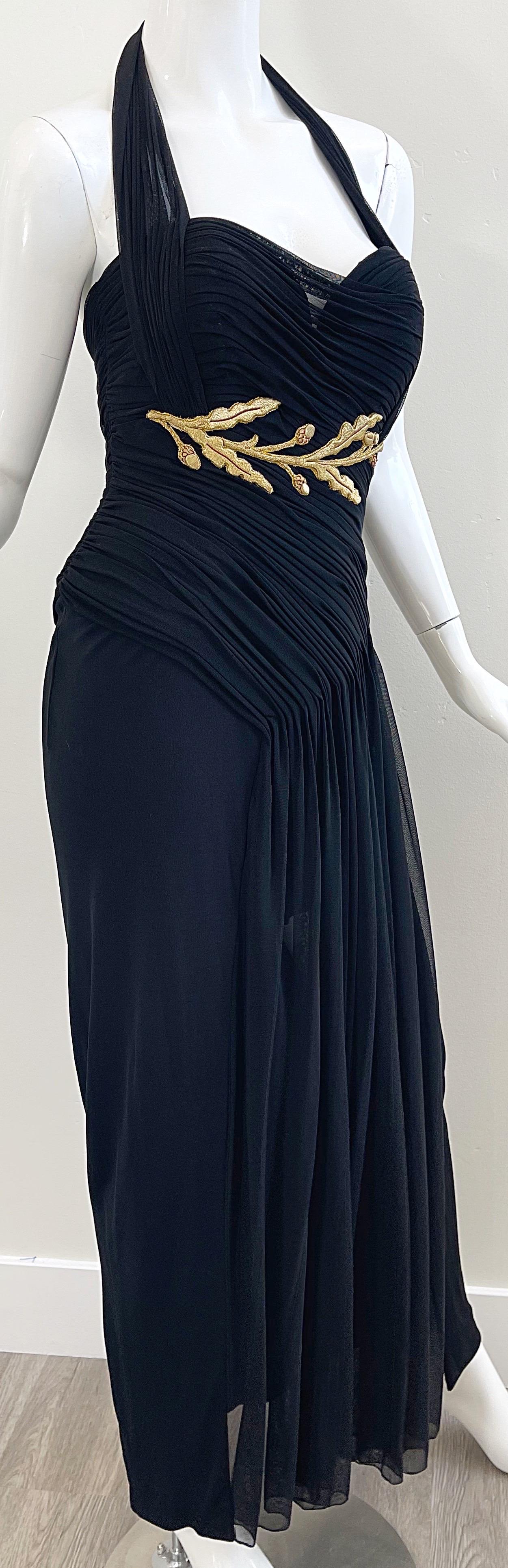 1980er Jahre Vicky Tiel Couture Größe 40 / 8 Schwarz Gold besticktes Vintage Neckholder-Kleid im Angebot 11