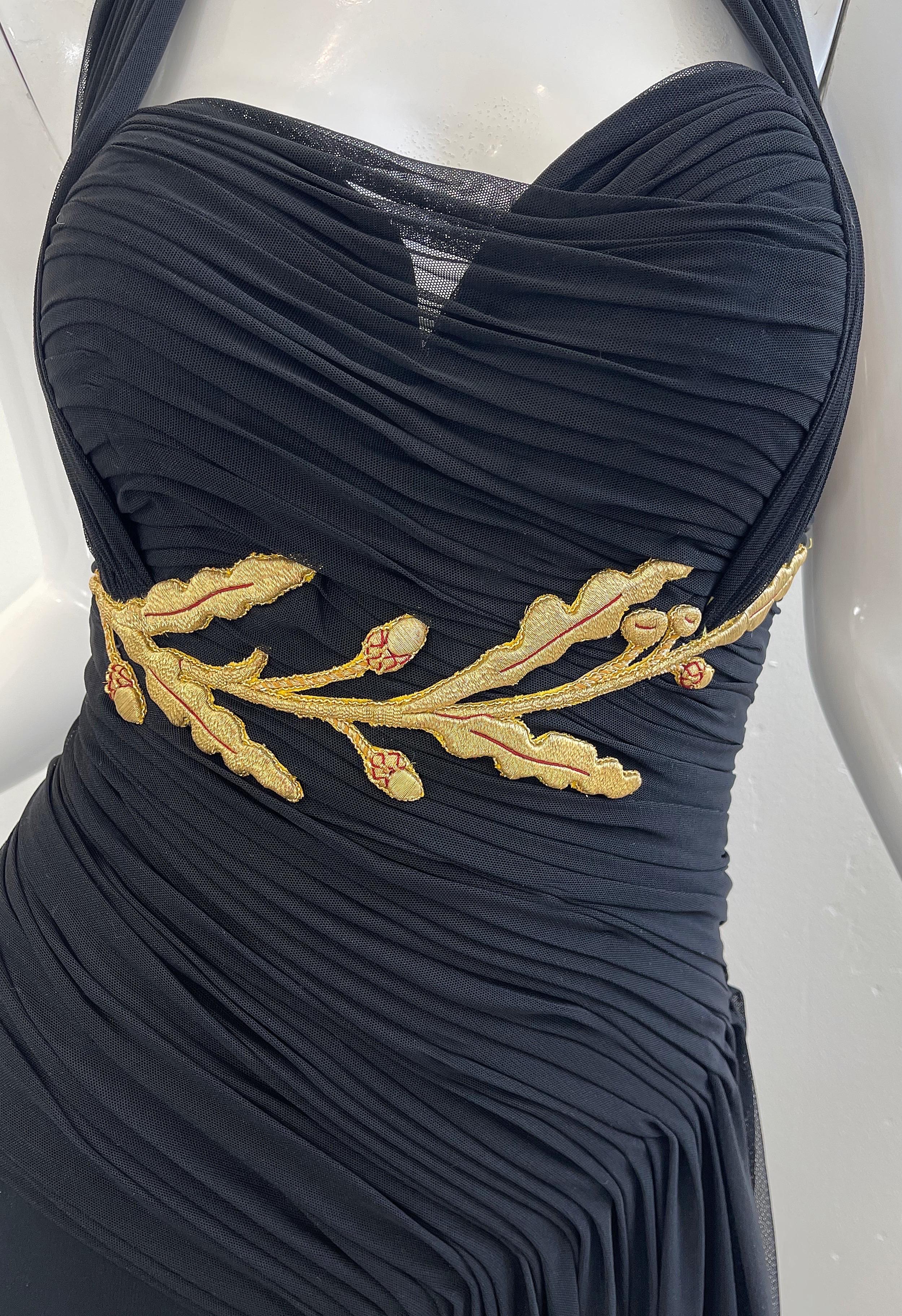Women's 1980s Vicky Tiel Couture Size 40 / 8 Black Gold Embroidered Vintage Halter Gown For Sale