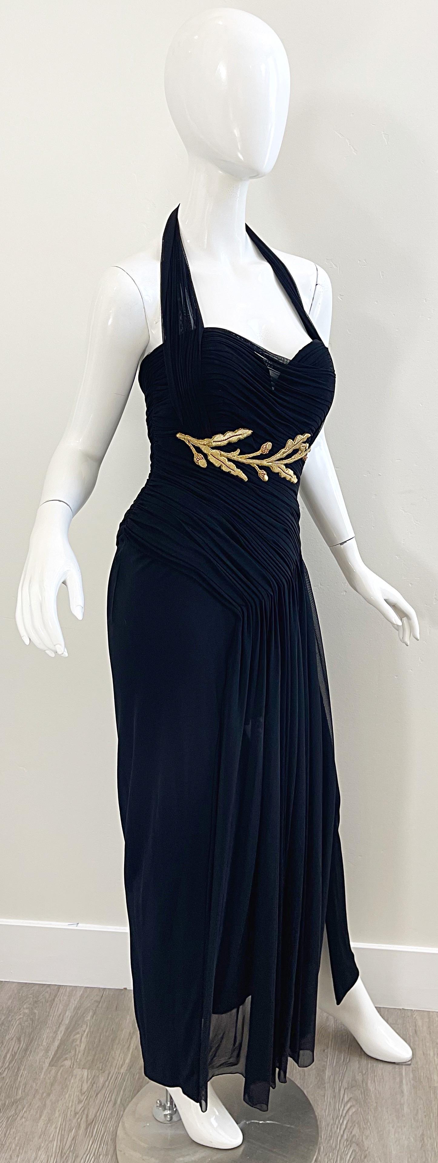 1980s Vicky Tiel Couture Size 40 / 8 Black Gold Embroidered Vintage Halter Gown For Sale 1