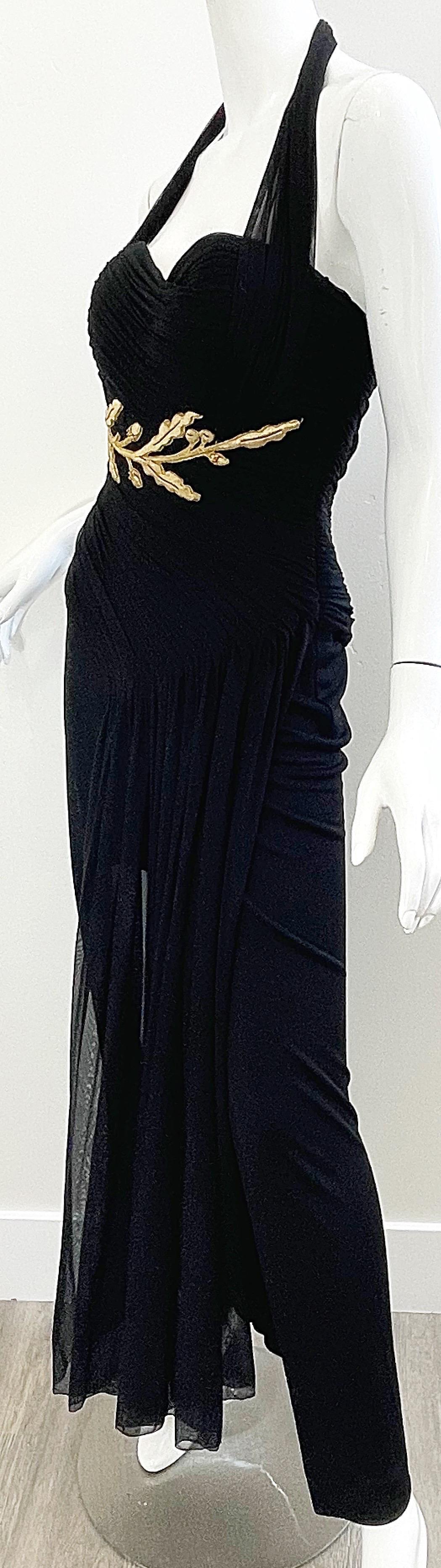 1980er Jahre Vicky Tiel Couture Größe 40 / 8 Schwarz Gold besticktes Vintage Neckholder-Kleid im Angebot 3