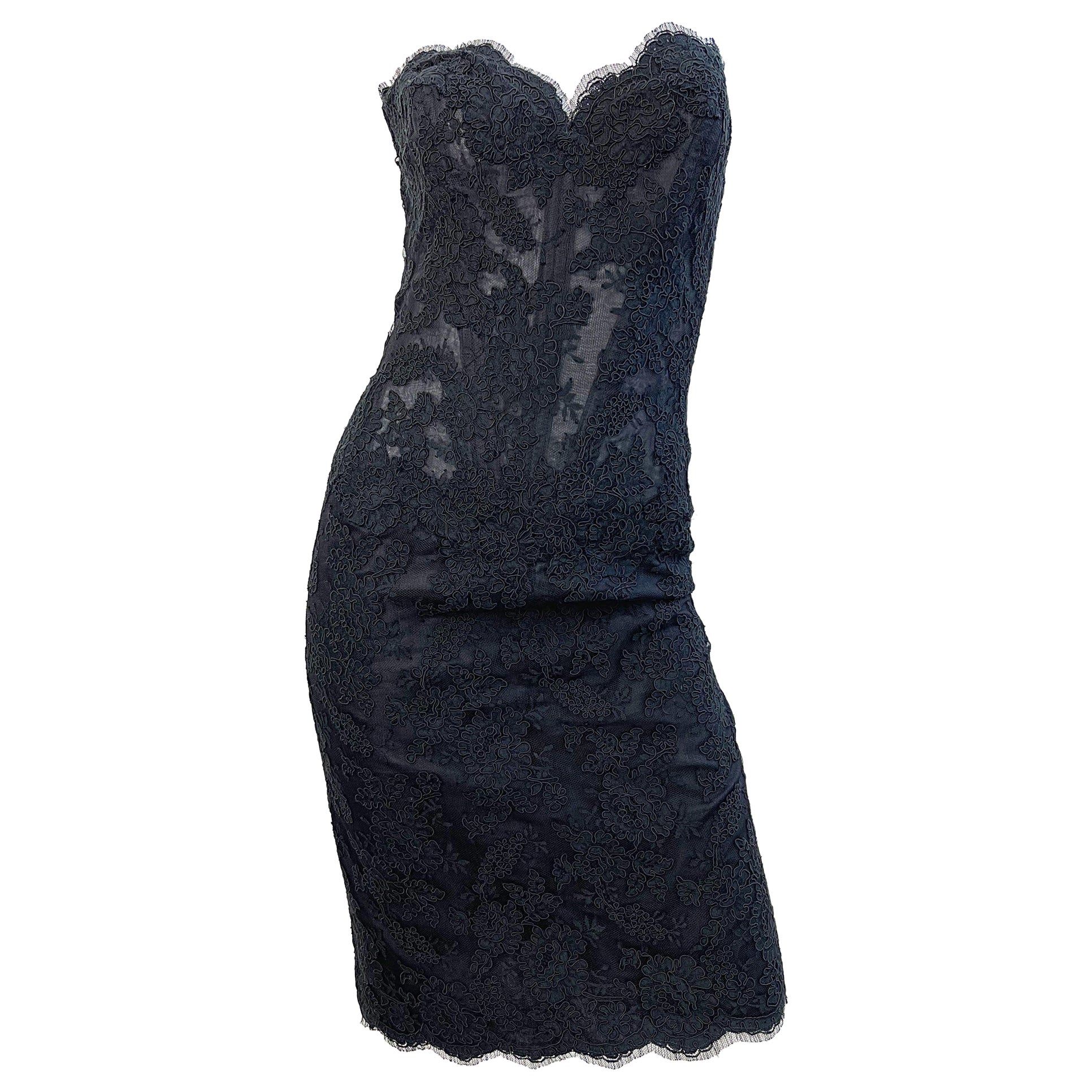 1980er Vicky Tiel Couture Größe 46 / US 12 Schwarzes trägerloses Vintage Kleid aus Spitze