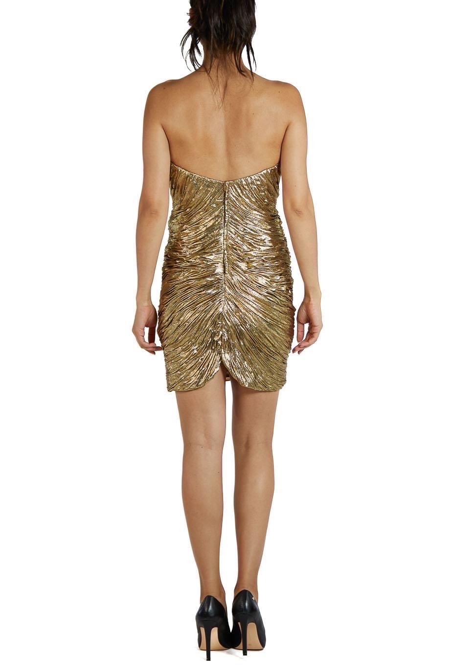 1980S VICKY TIEL FOR BERGDORF GOODMAN Metallic Gold Lamé Ruched Strapless Cockt For Sale 2