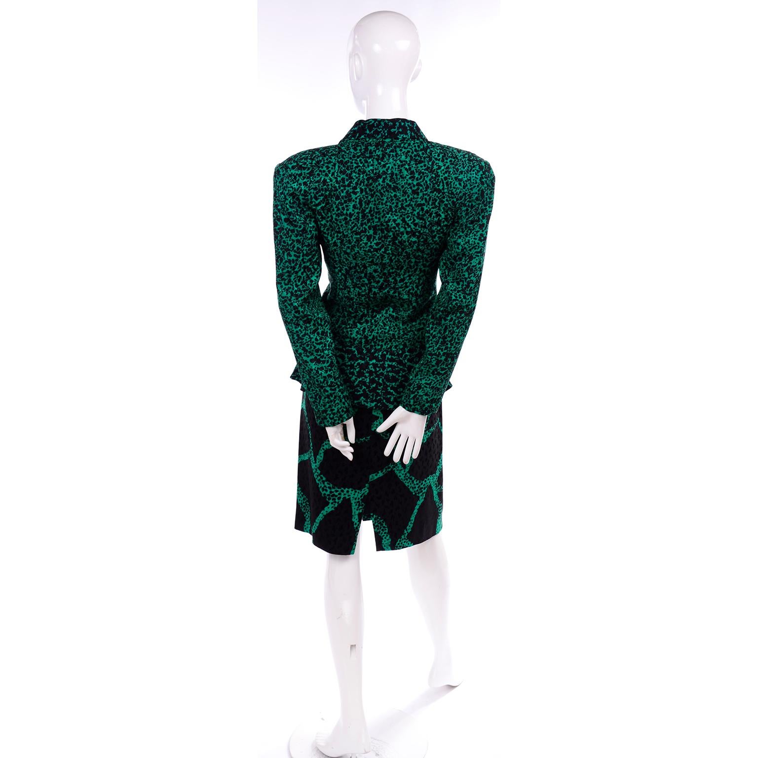 1980s Vicky Tiel Green & Black Abstract Animal Print Silk Skirt & Jacket Suit 1
