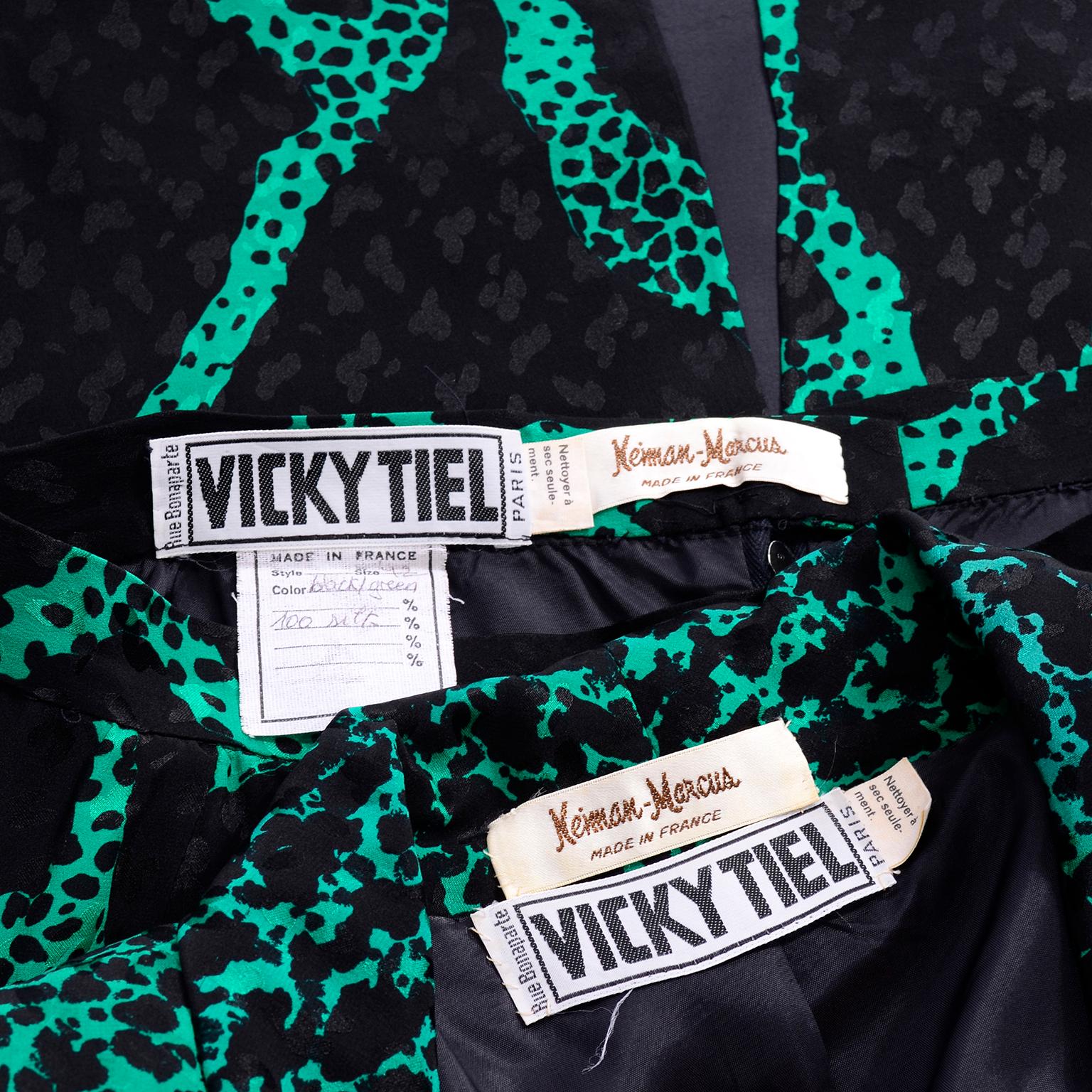 1980s Vicky Tiel Green & Black Abstract Animal Print Silk Skirt & Jacket Suit 5