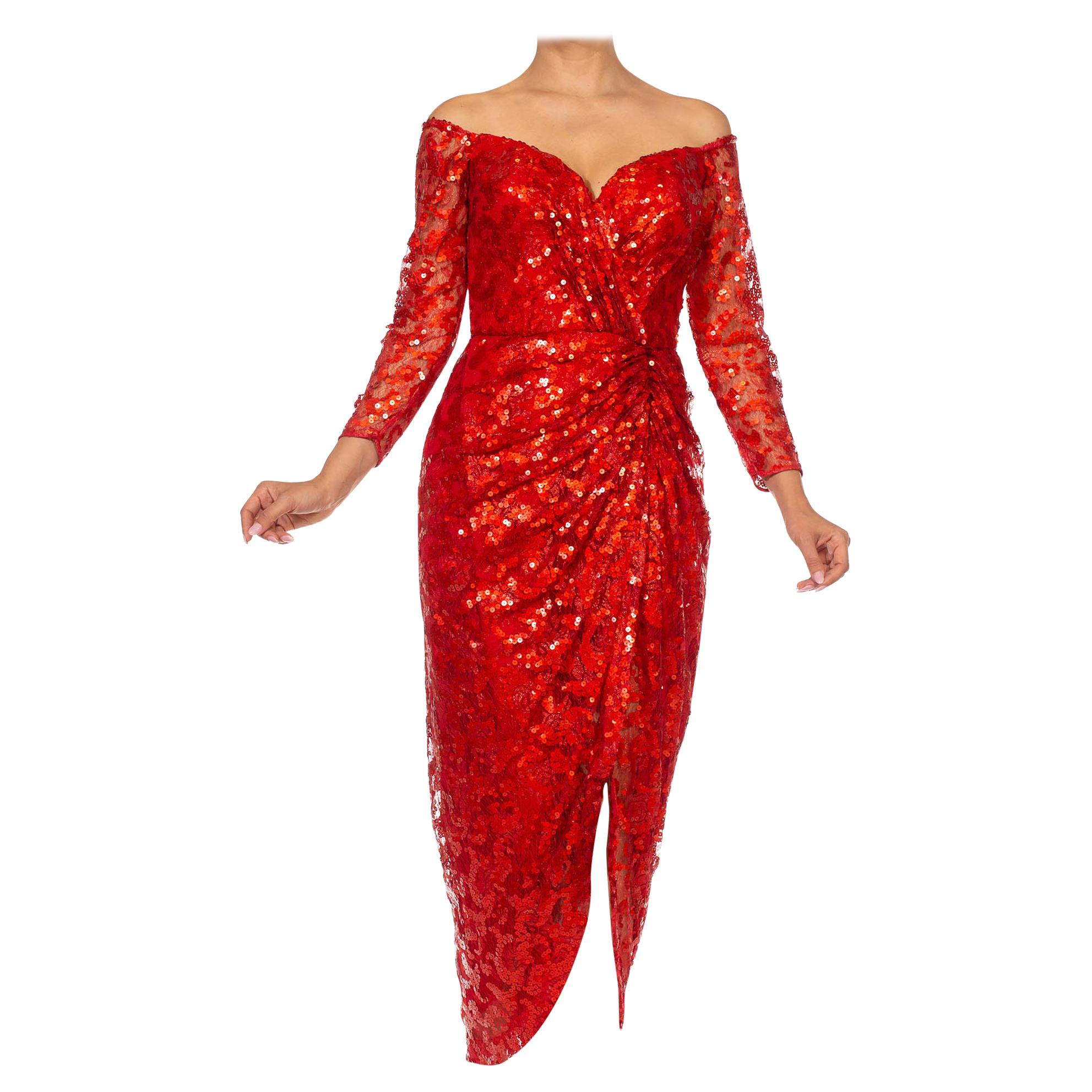 1980S VICKY TIEL Red Sequin Beaded Metallic Lace Strapless Cocktail Dress With 