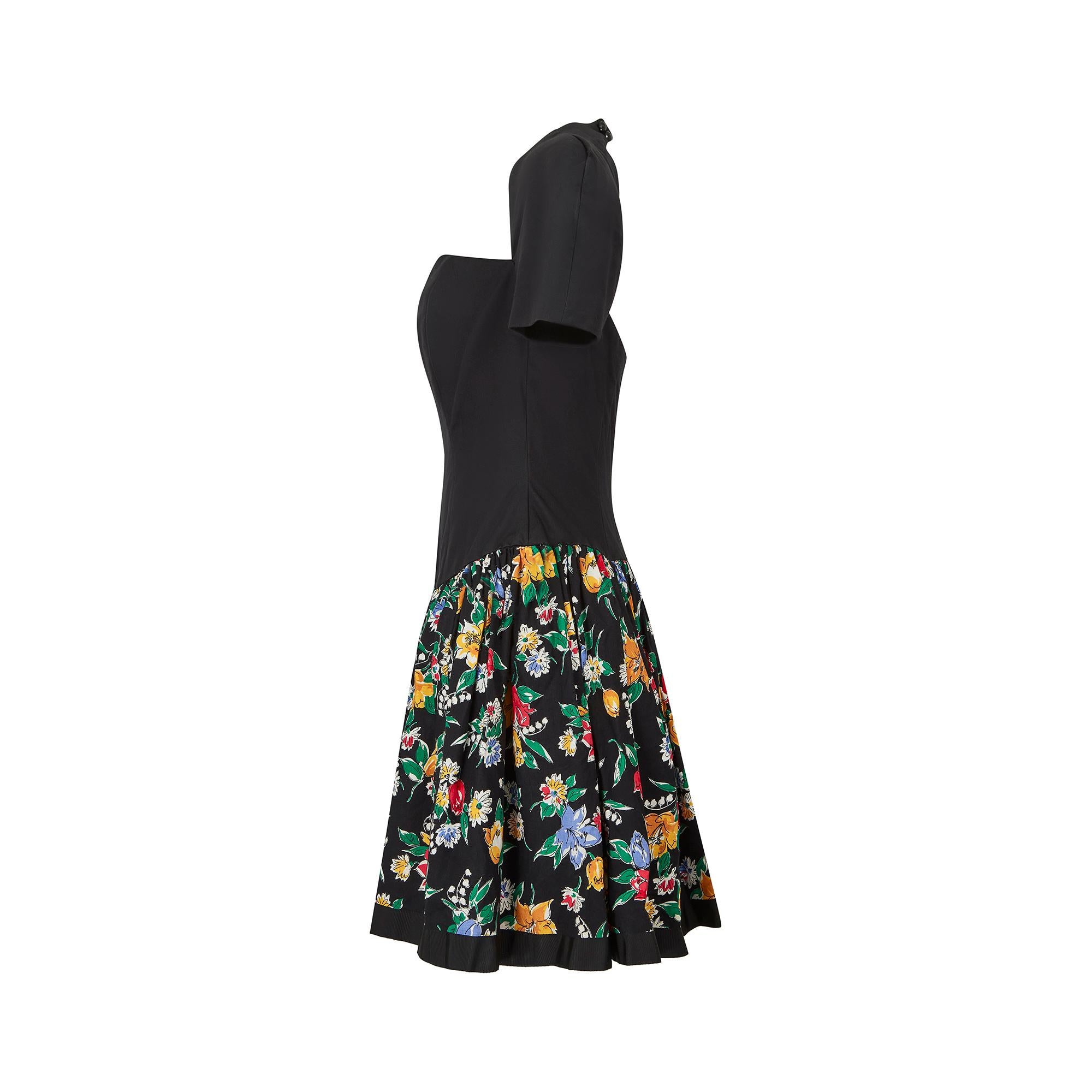 1980s Victor Costa Black and Floral Print Cotton Dress In Excellent Condition For Sale In London, GB
