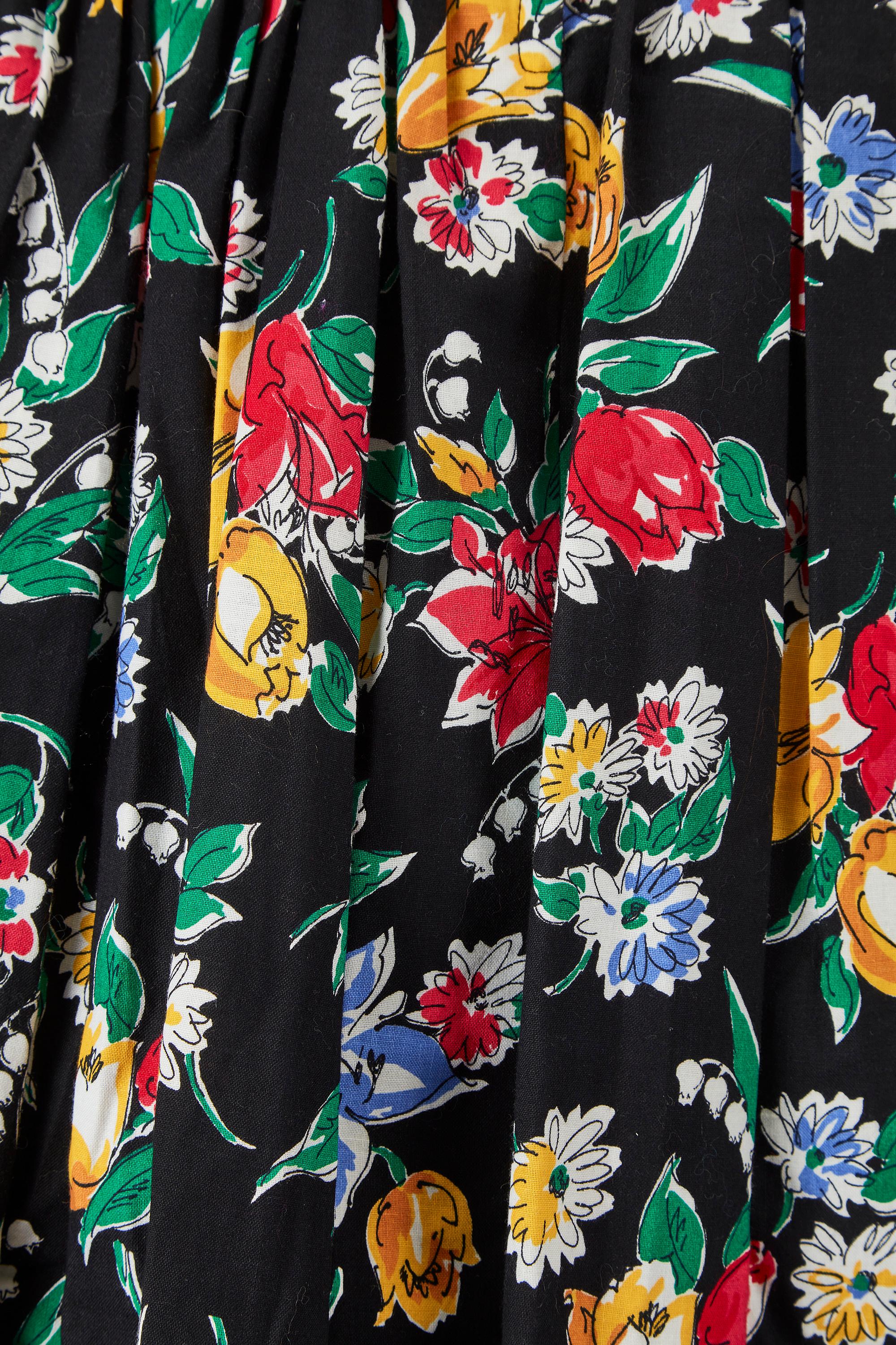 1980s Victor Costa Black and Floral Print Cotton Dress For Sale 1