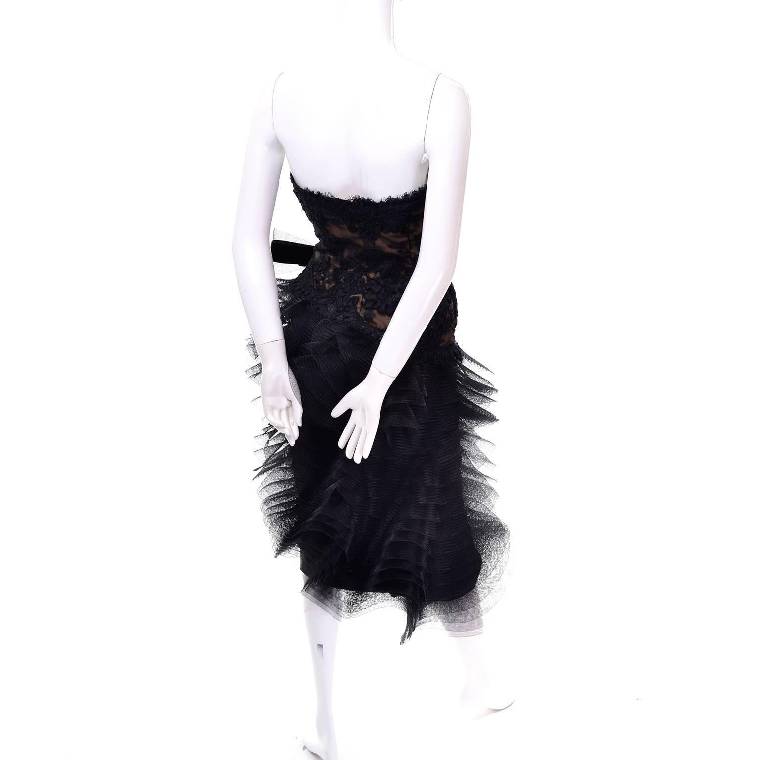 1980s Victor Costa Black Avant Garde Sculpted Tulle & Lace Vintage Evening Dress In Excellent Condition In Portland, OR