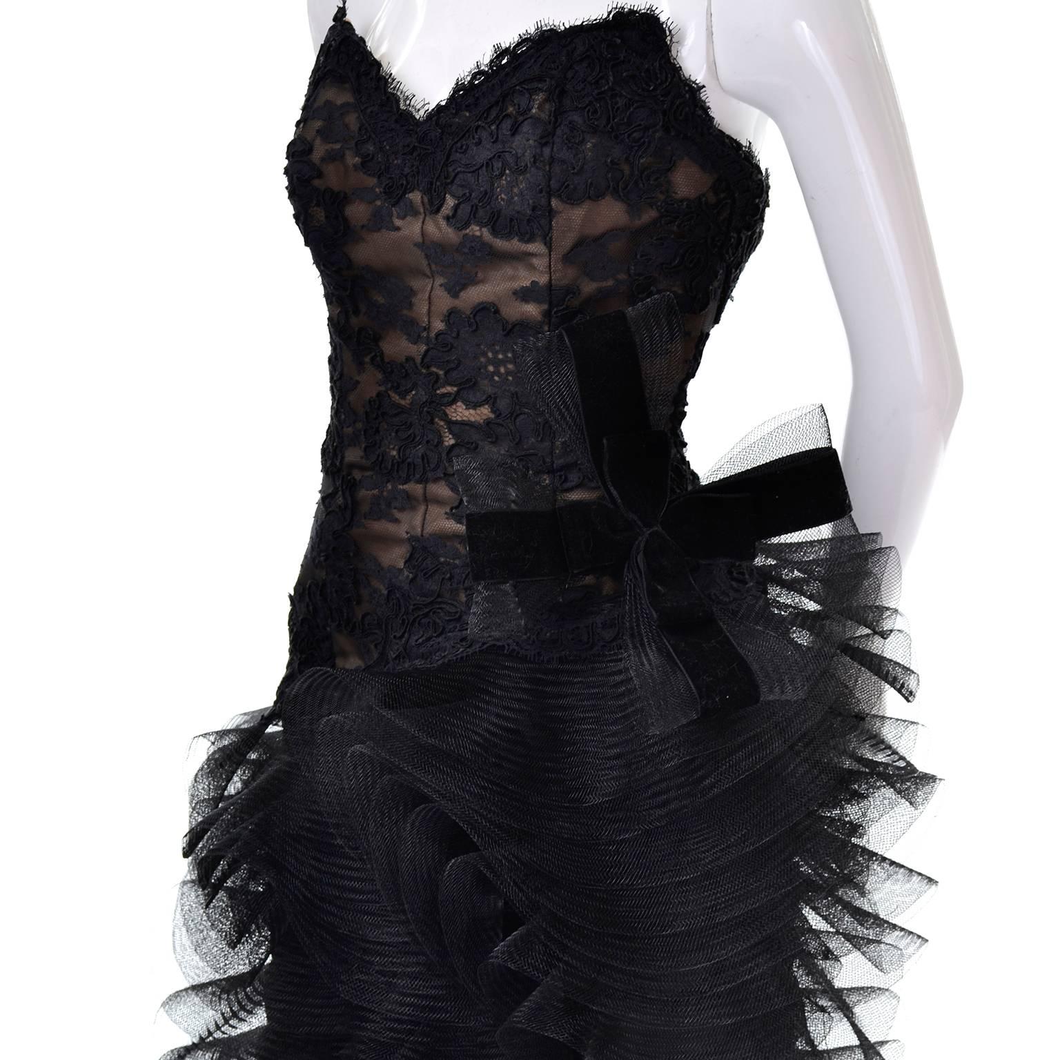 1980s Victor Costa Black Avant Garde Sculpted Tulle & Lace Vintage Evening Dress 1