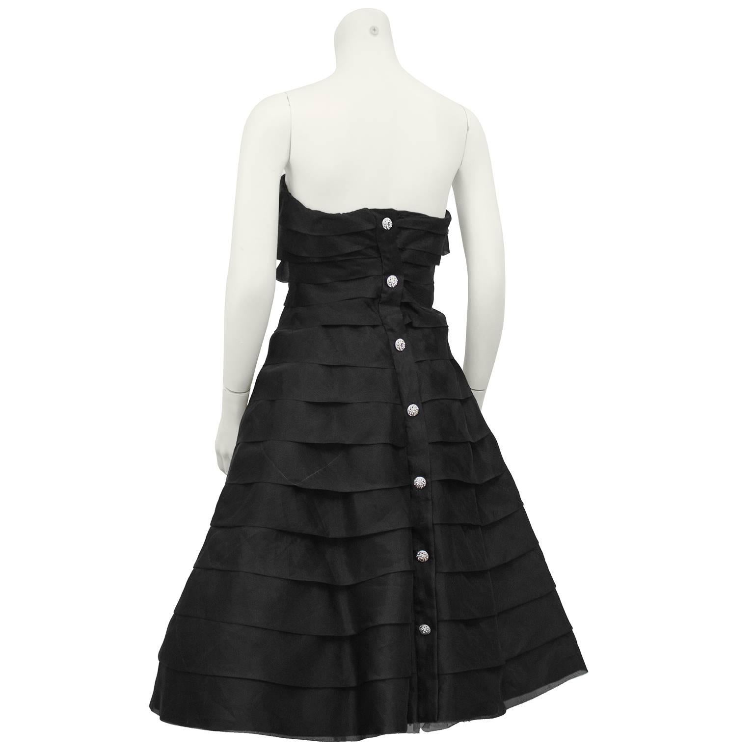 1980s Victor Costa Black Tiered Chiffon Strapless Cocktail Dress  In Excellent Condition For Sale In Toronto, Ontario