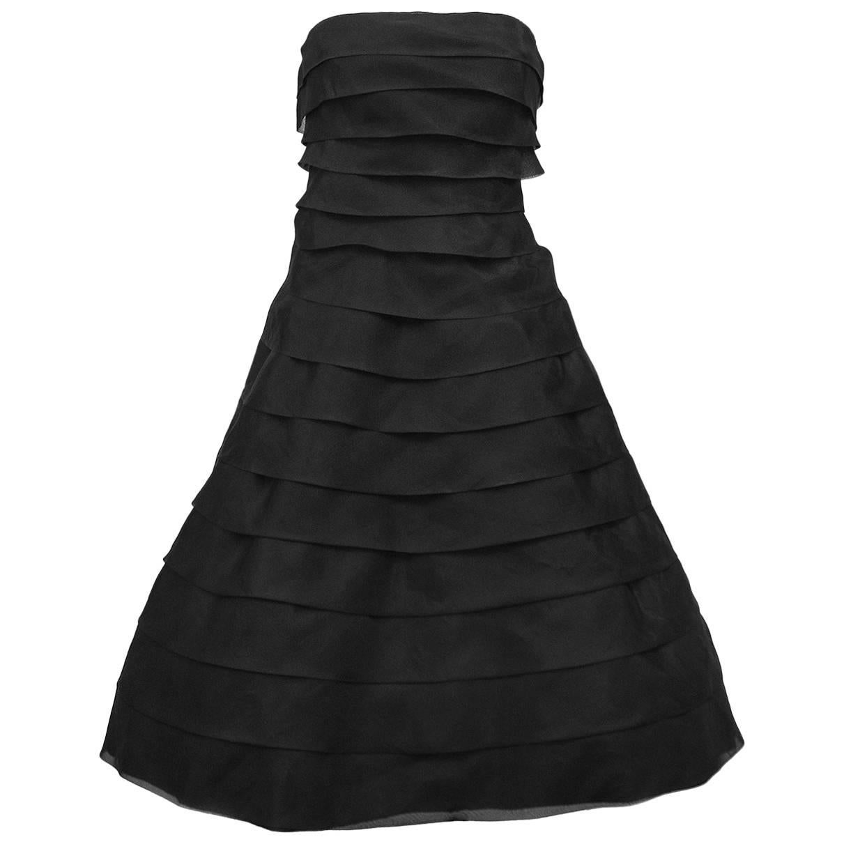 Victor Costa - Robe de cocktail sans bretelles en mousseline de soie noire à volants, années 1980