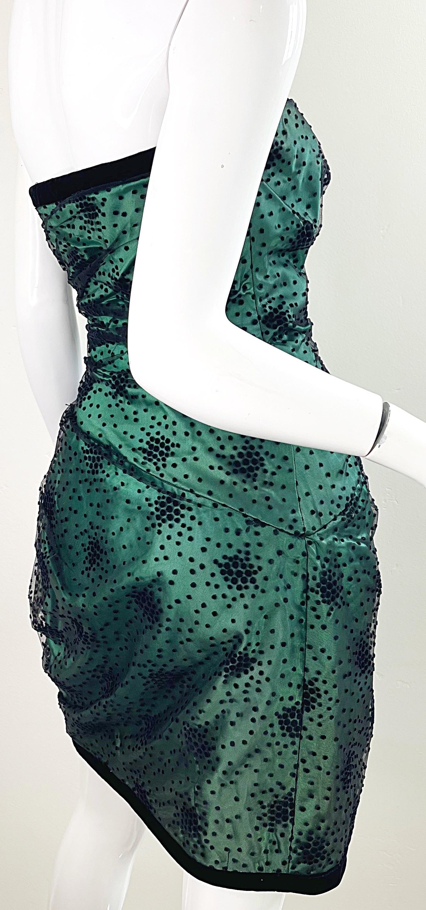 1980s Victor Costa for Bergdorf Goodman Hunter Green Black Strapless 80s Dress For Sale 7