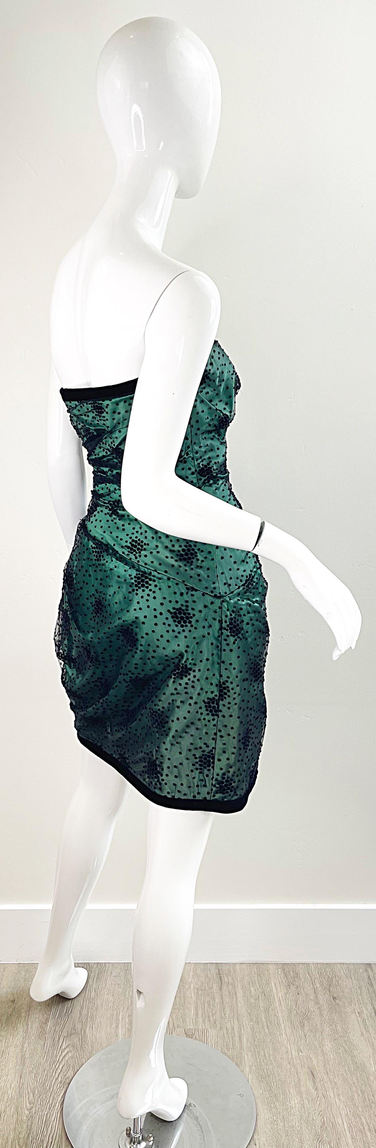 1980s Victor Costa for Bergdorf Goodman Hunter Green Black Strapless 80s Dress For Sale 5
