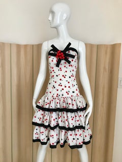 1980s Victor Costa for Saks Fifth Ave Cherry Print White Strapless Cotton Dress
