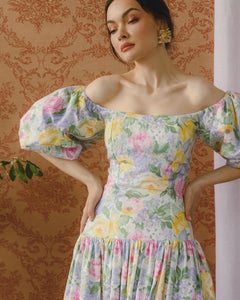 1980s Victor Costa Puff-Sleeve Pastel Floral Drop Waist Dress