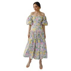 1980er Victor Costa Kleid mit Puffärmeln und pastellfarbener geblümter Taille
