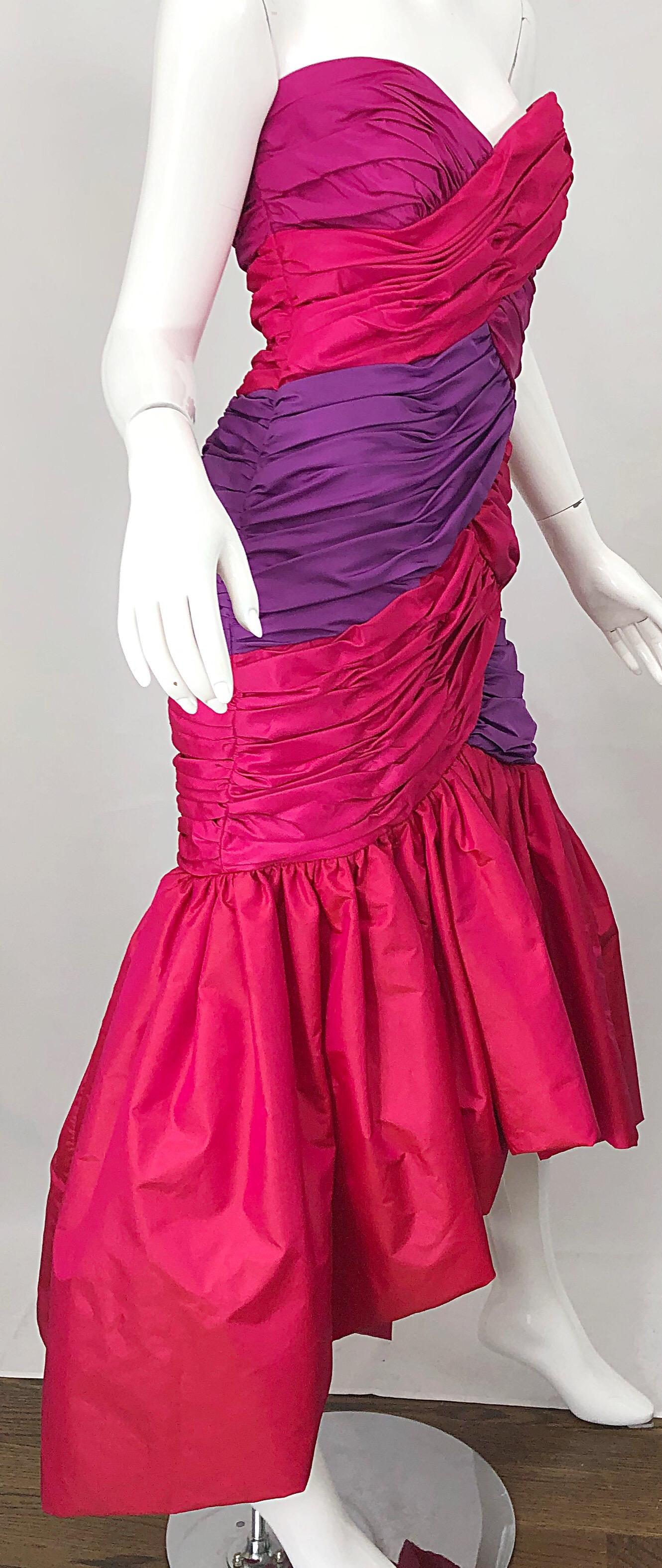 1980s Victor Costa Red + Pink + Purple Silk Taffeta Size 6 Hi  Lo 80s Gown Dress For Sale 3