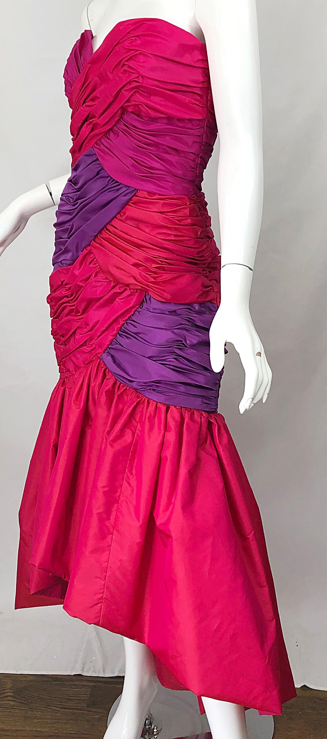 1980s Victor Costa Red + Pink + Purple Silk Taffeta Size 6 Hi  Lo 80s Gown Dress For Sale 4