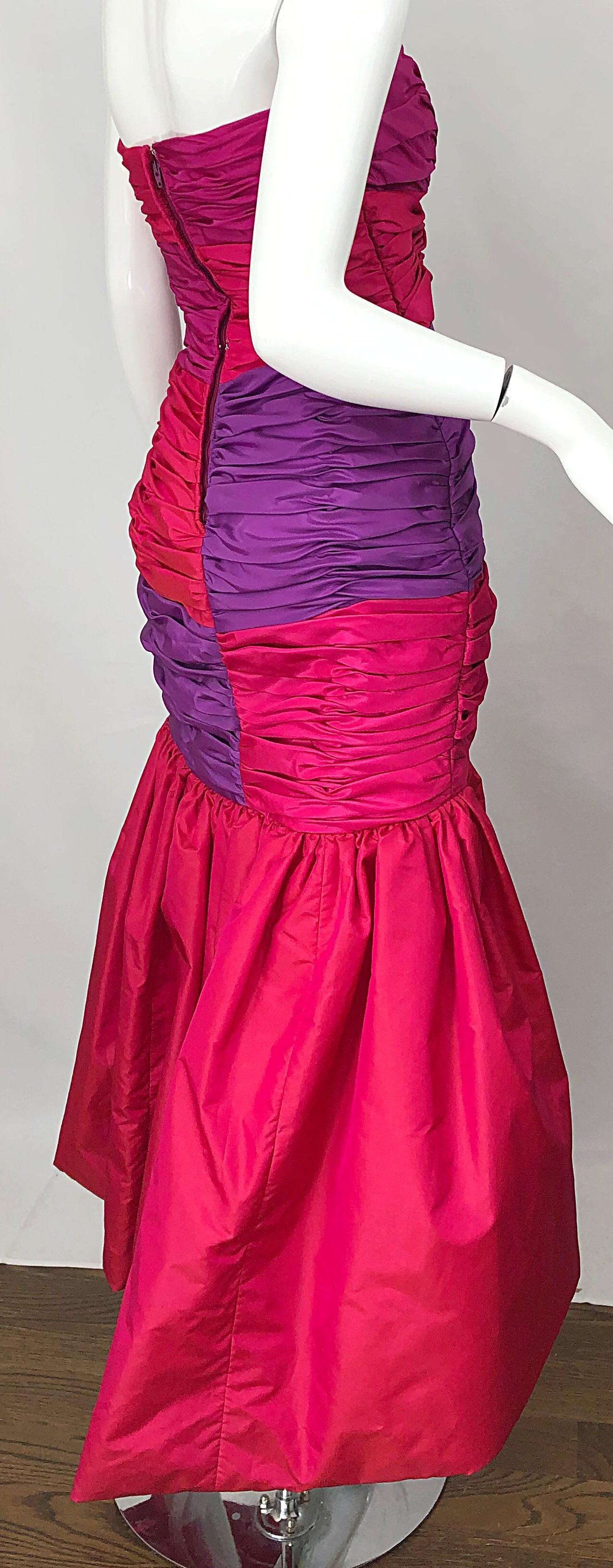 1980s Victor Costa Red + Pink + Purple Silk Taffeta Size 6 Hi  Lo 80s Gown Dress For Sale 5