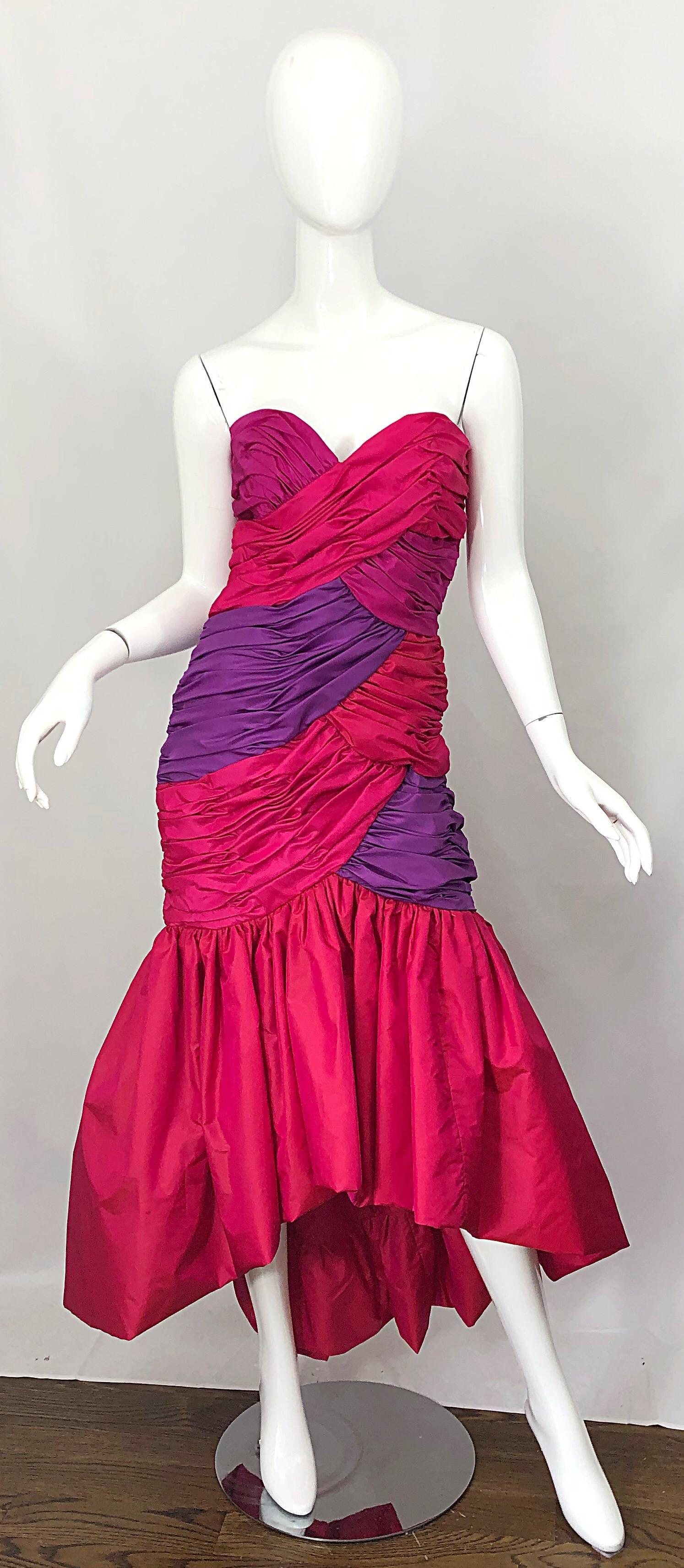 1980s Victor Costa Red + Pink + Purple Silk Taffeta Size 6 Hi  Lo 80s Gown Dress For Sale 6