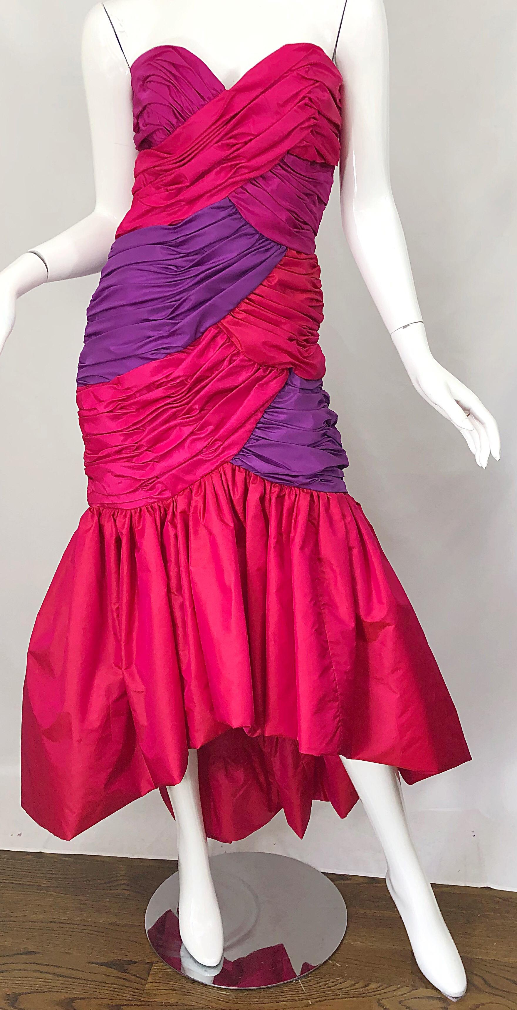 1980s Victor Costa Red + Pink + Purple Silk Taffeta Size 6 Hi  Lo 80s Gown Dress In Excellent Condition For Sale In San Diego, CA