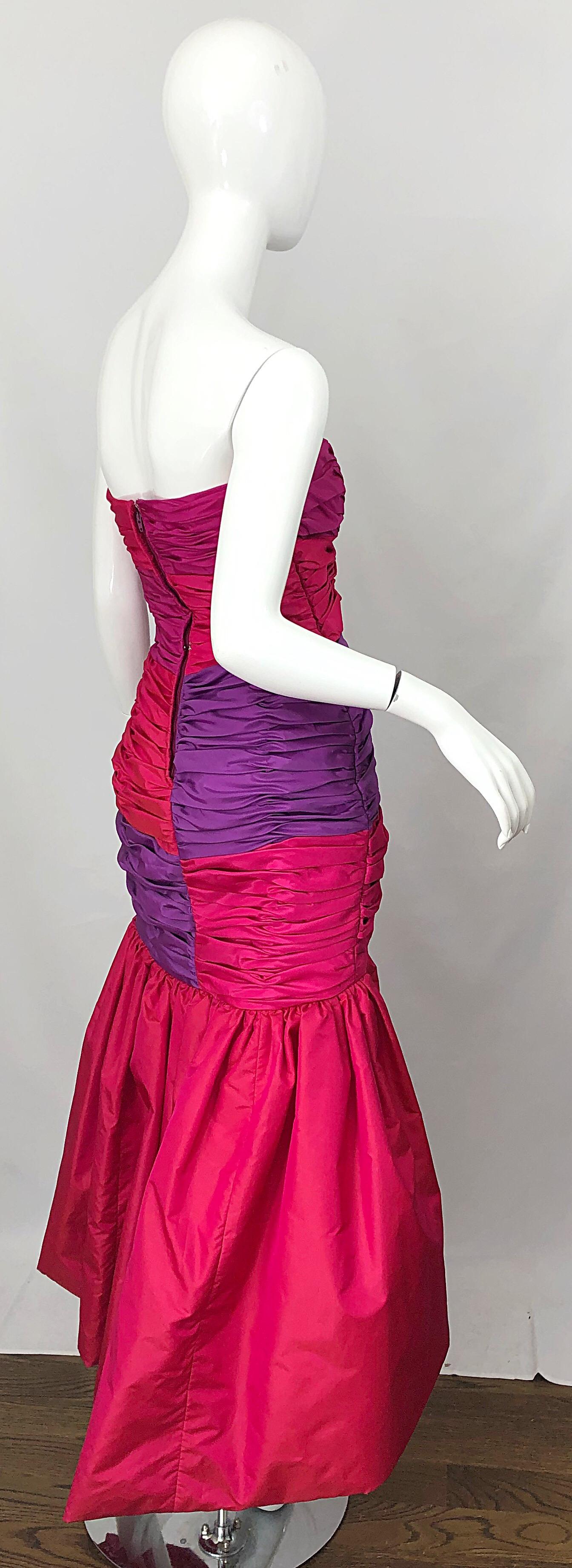 Women's 1980s Victor Costa Red + Pink + Purple Silk Taffeta Size 6 Hi  Lo 80s Gown Dress For Sale