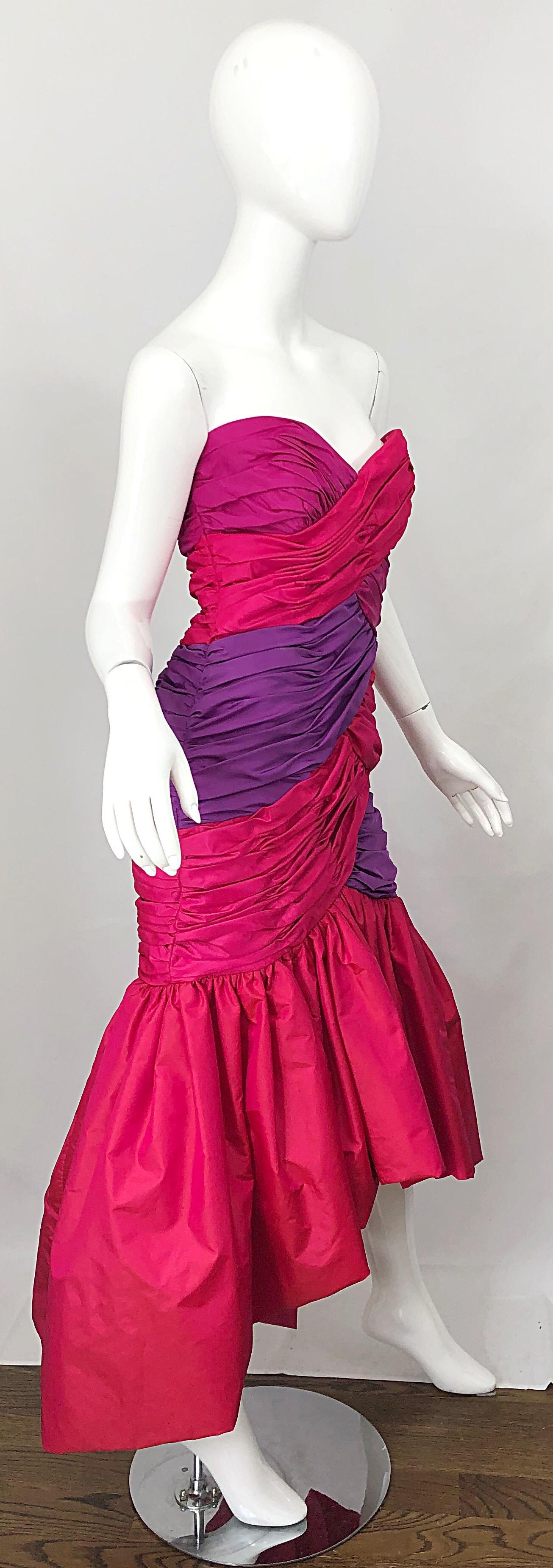 1980s Victor Costa Red + Pink + Purple Silk Taffeta Size 6 Hi  Lo 80s Gown Dress For Sale 1