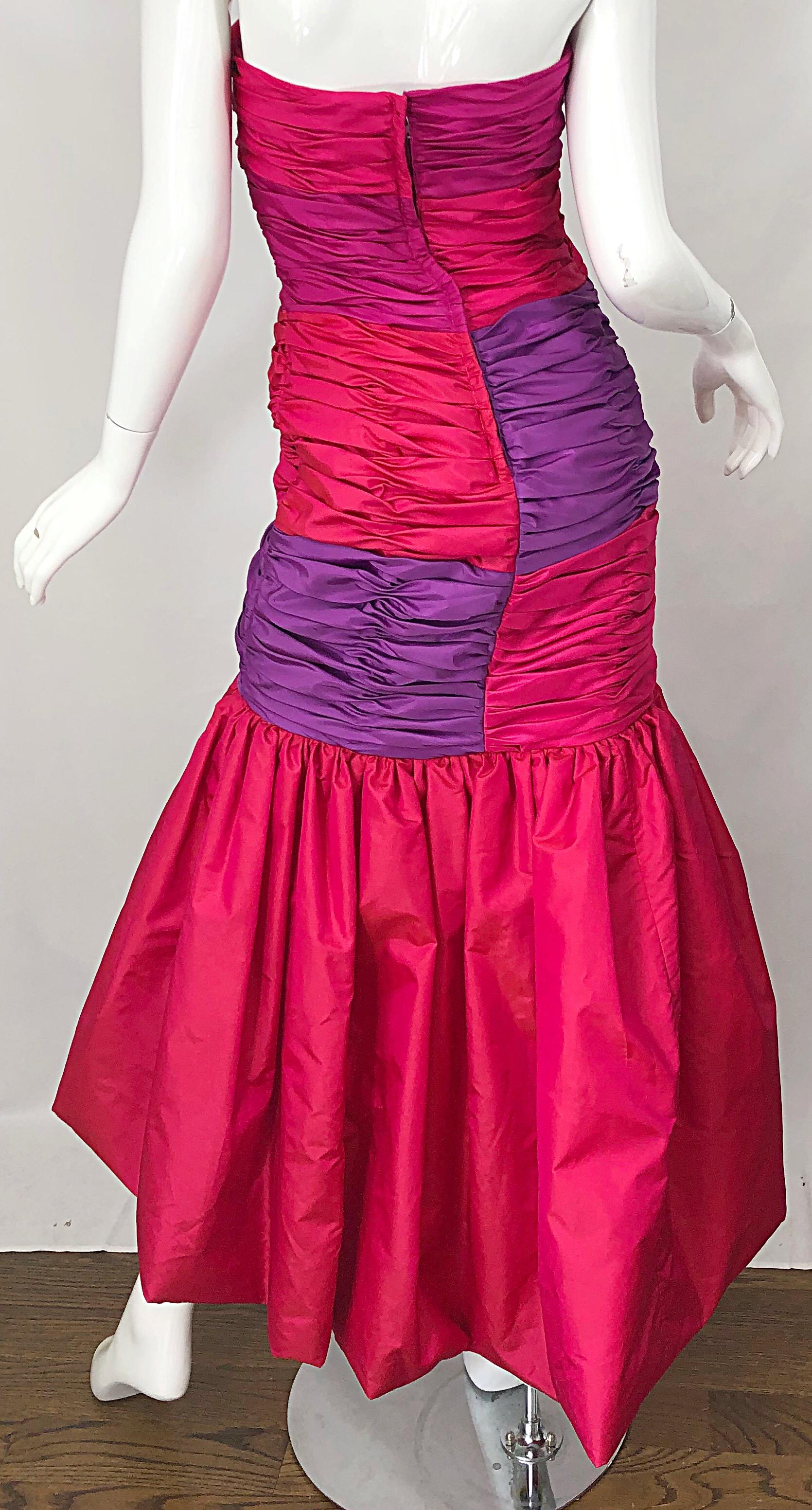 1980s Victor Costa Red + Pink + Purple Silk Taffeta Size 6 Hi  Lo 80s Gown Dress For Sale 2