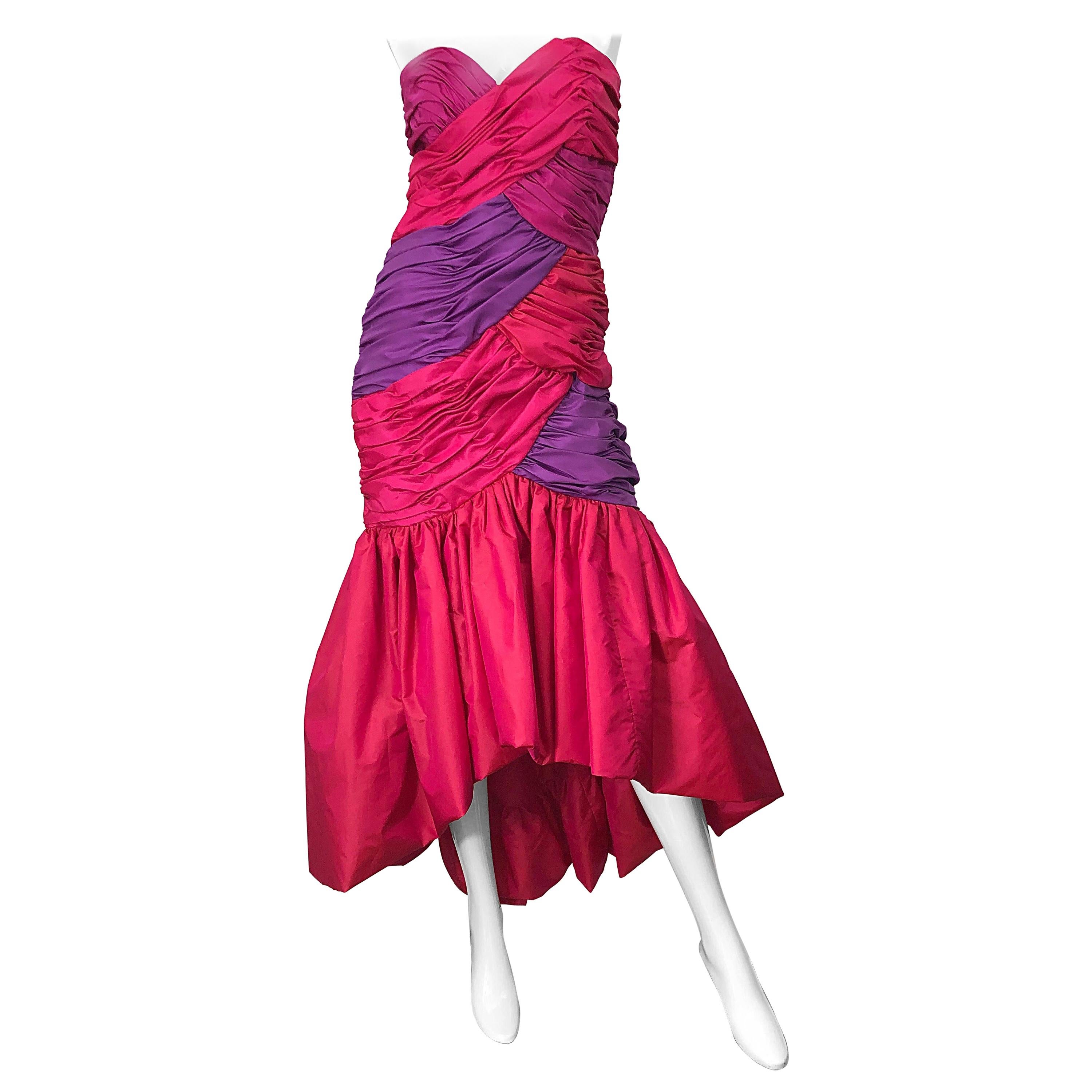 1980s Victor Costa Red + Pink + Purple Silk Taffeta Size 6 Hi  Lo 80s Gown Dress For Sale