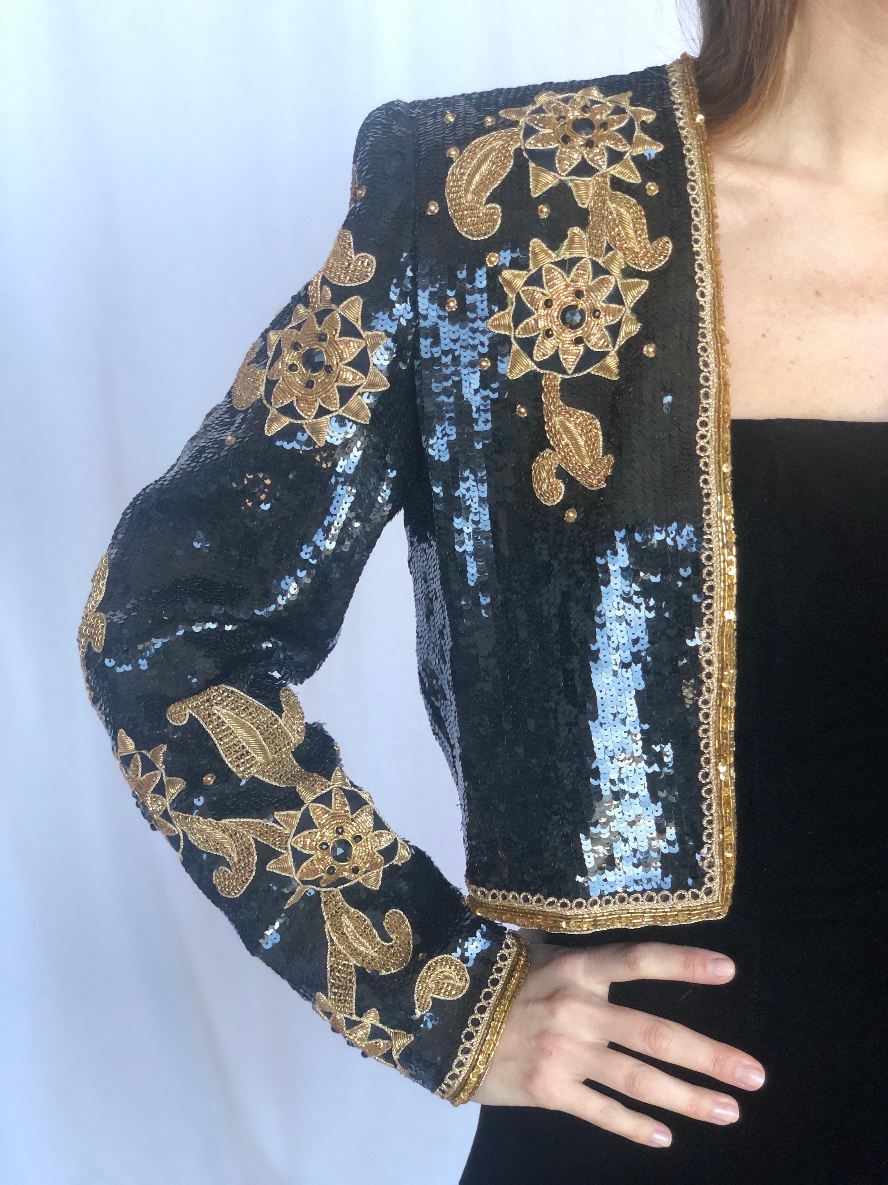 Women's or Men's 1980s Victor Costa Sequin Gold Embroidered Bolero Jacket For Sale