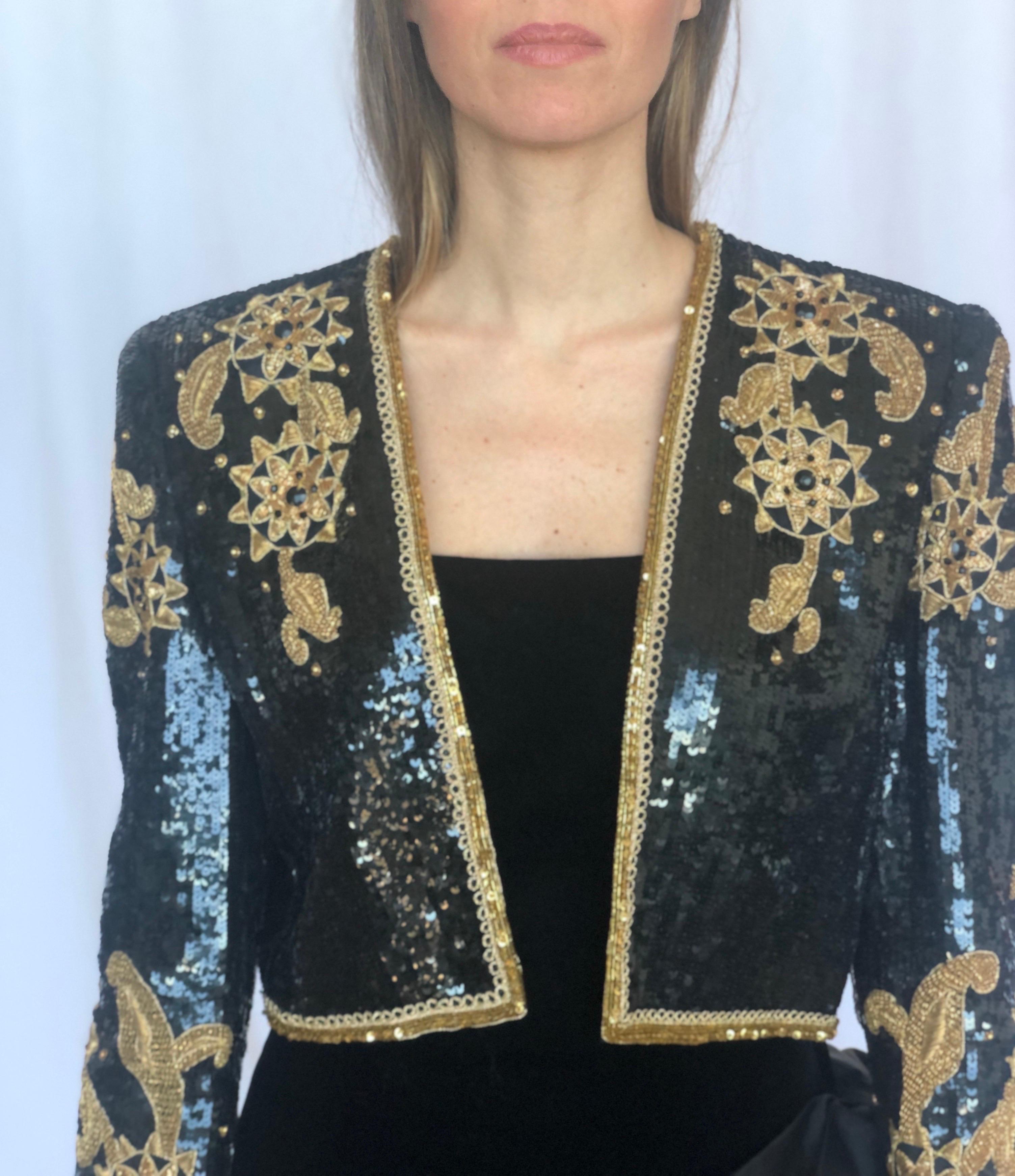 1980s Victor Costa Sequin Gold Embroidered Bolero Jacket For Sale 1