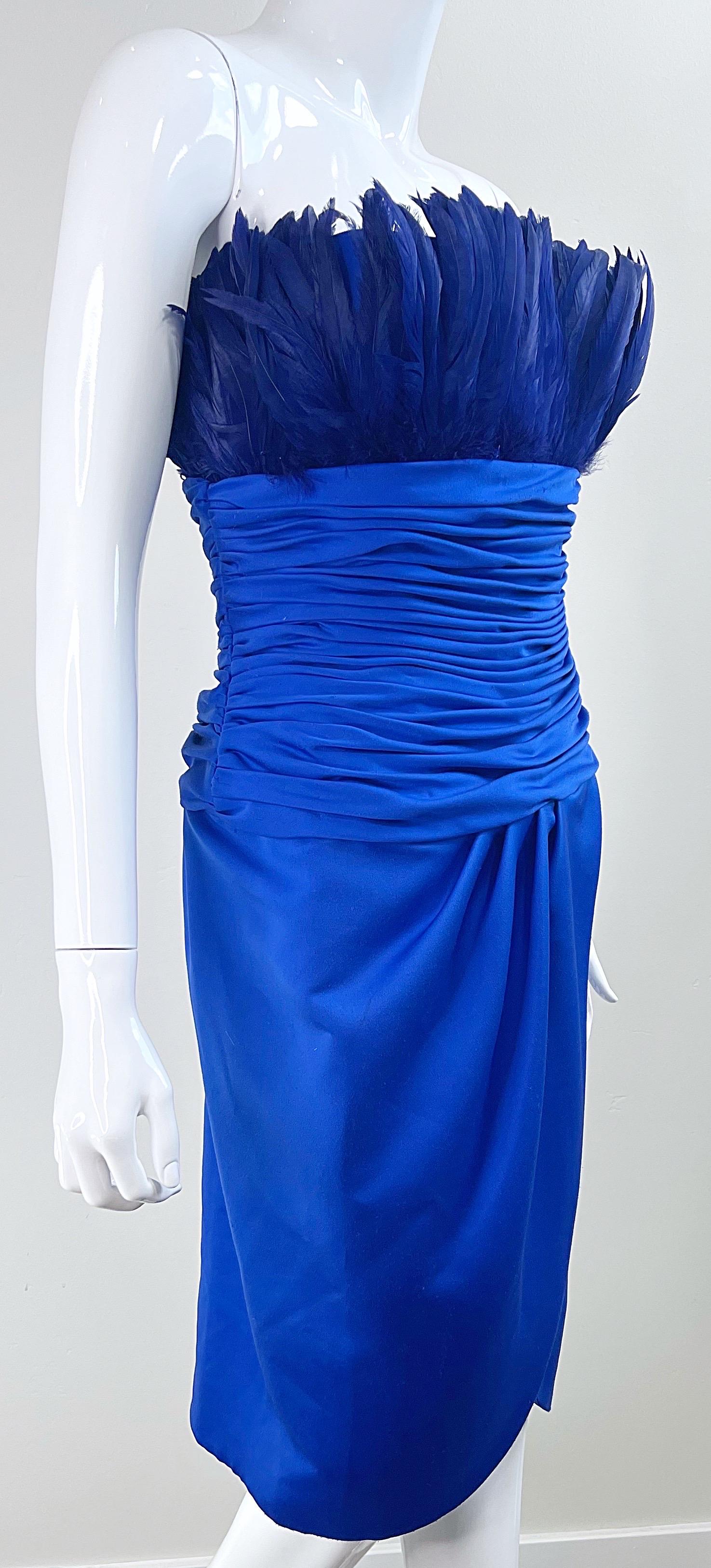 1980s Victor Costa Size XS Royal Blue Feather Bust Strapless 80s Dress For Sale 6