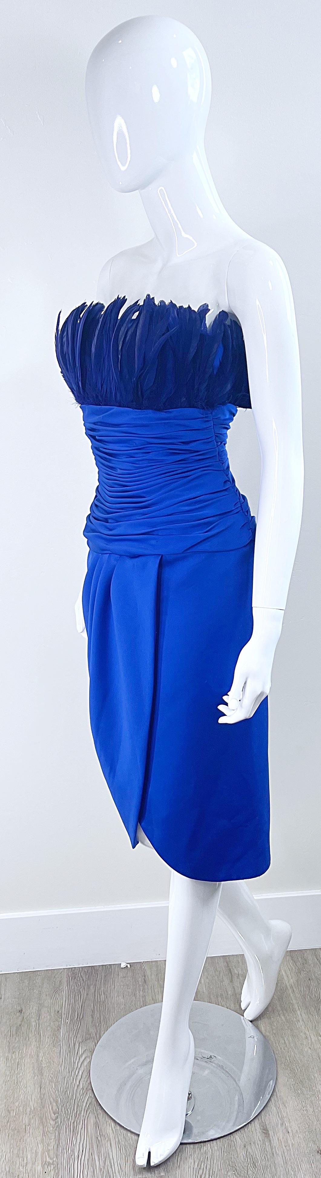 1980s Victor Costa Size XS Royal Blue Feather Bust Strapless 80s Dress For Sale 7