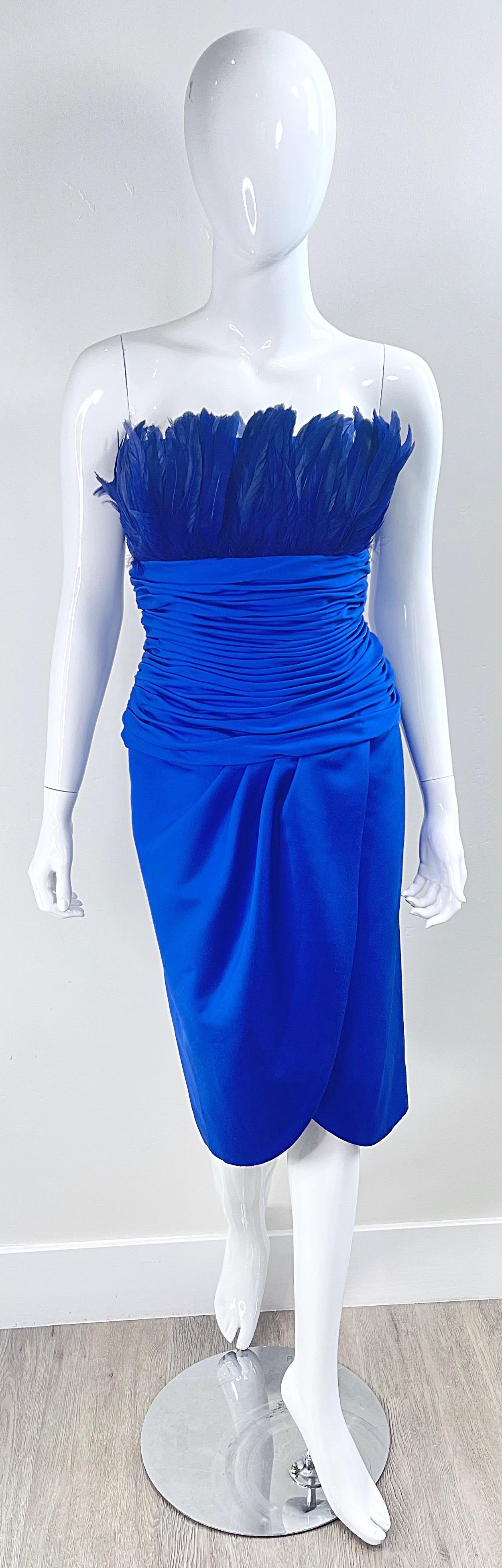 1980s Victor Costa Size XS Royal Blue Feather Bust Strapless 80s Dress For Sale 8
