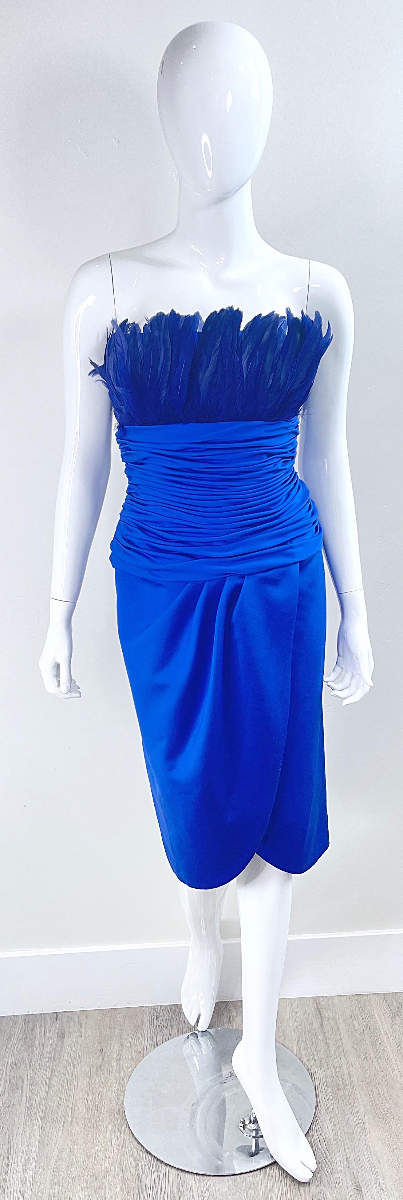 1980s Victor Costa Size XS Royal Blue Feather Bust Strapless 80s Dress In Excellent Condition For Sale In San Diego, CA