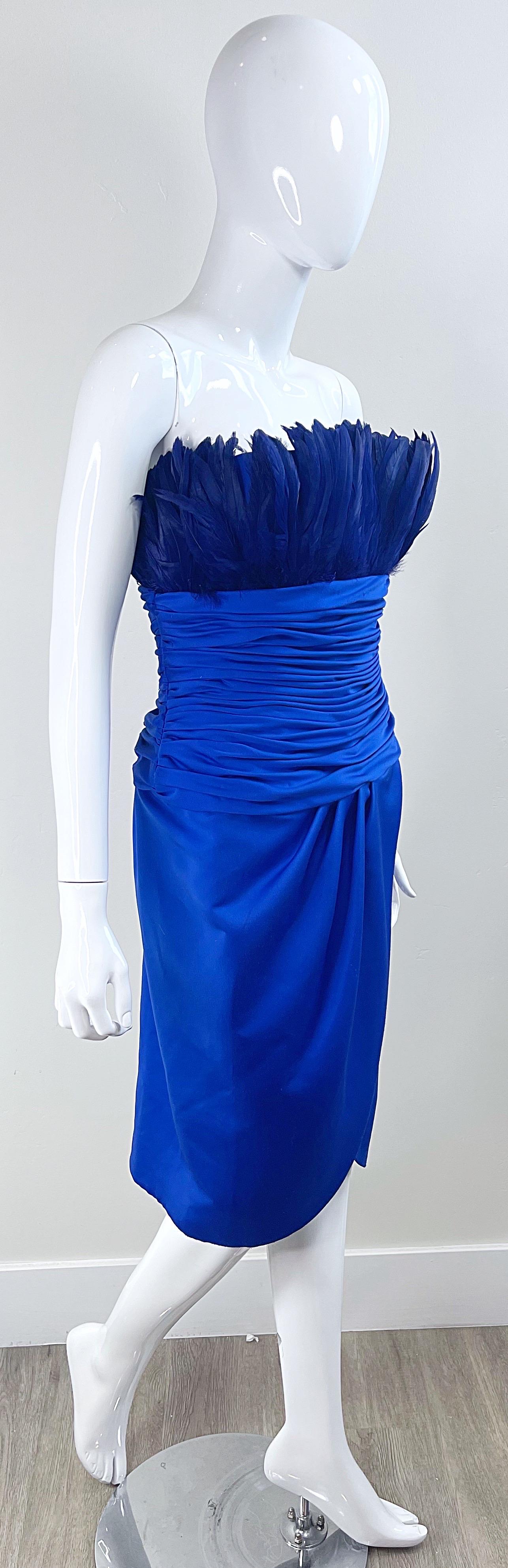 Women's 1980s Victor Costa Size XS Royal Blue Feather Bust Strapless 80s Dress For Sale