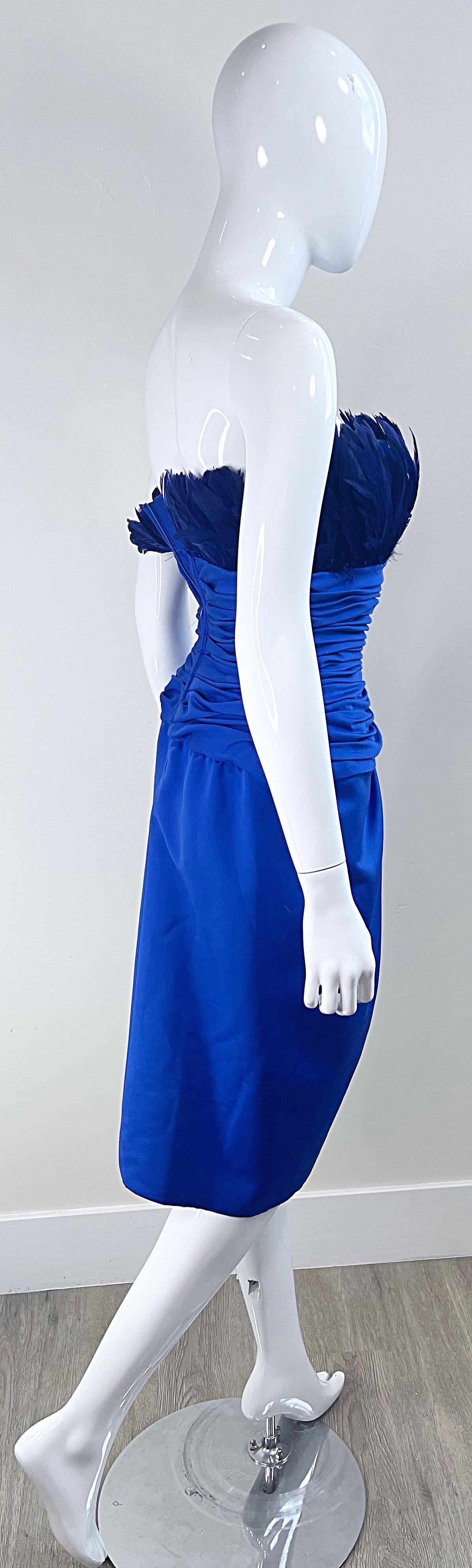 1980s Victor Costa Size XS Royal Blue Feather Bust Strapless 80s Dress For Sale 1