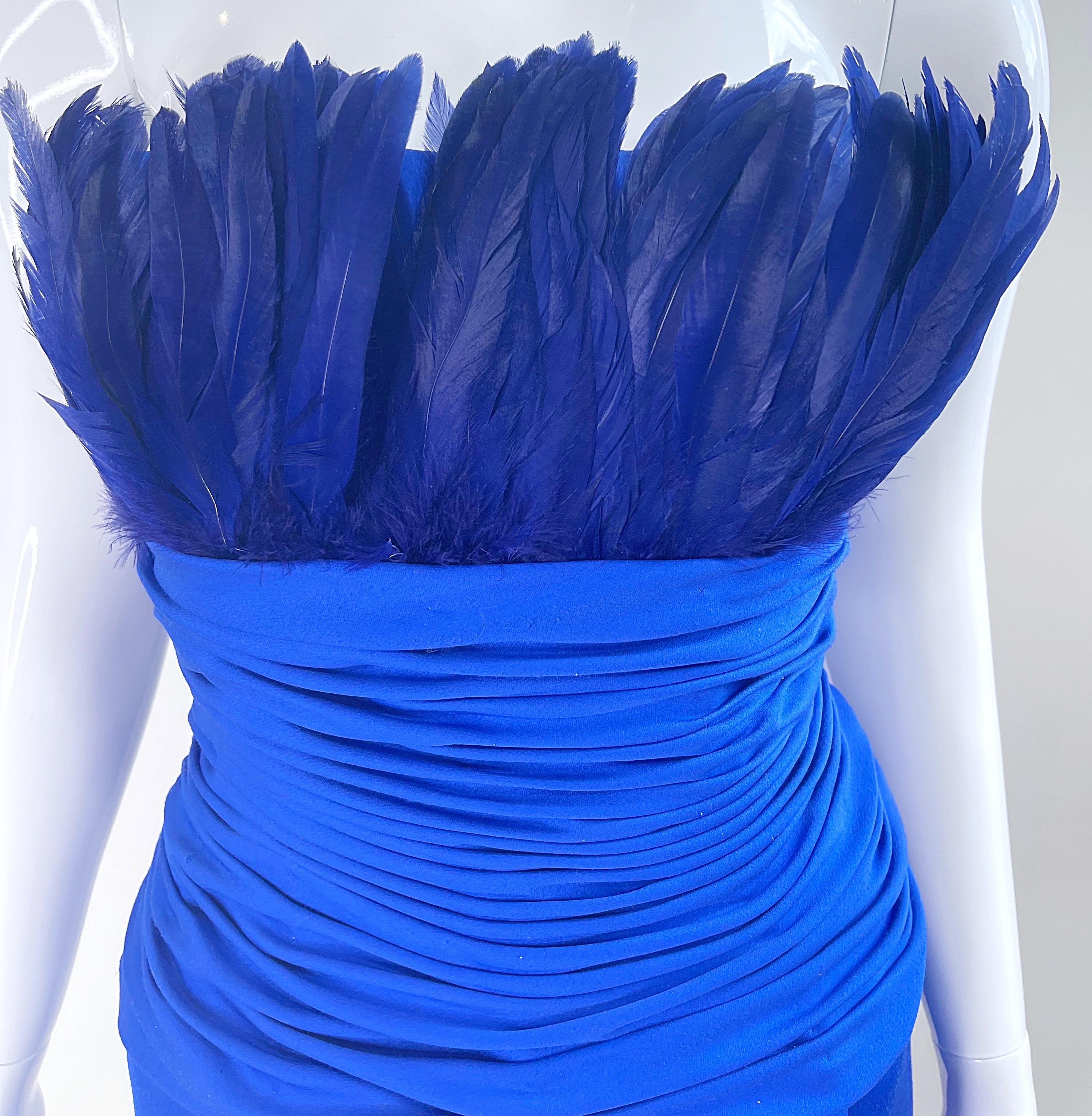 1980s Victor Costa Size XS Royal Blue Feather Bust Strapless 80s Dress For Sale 2