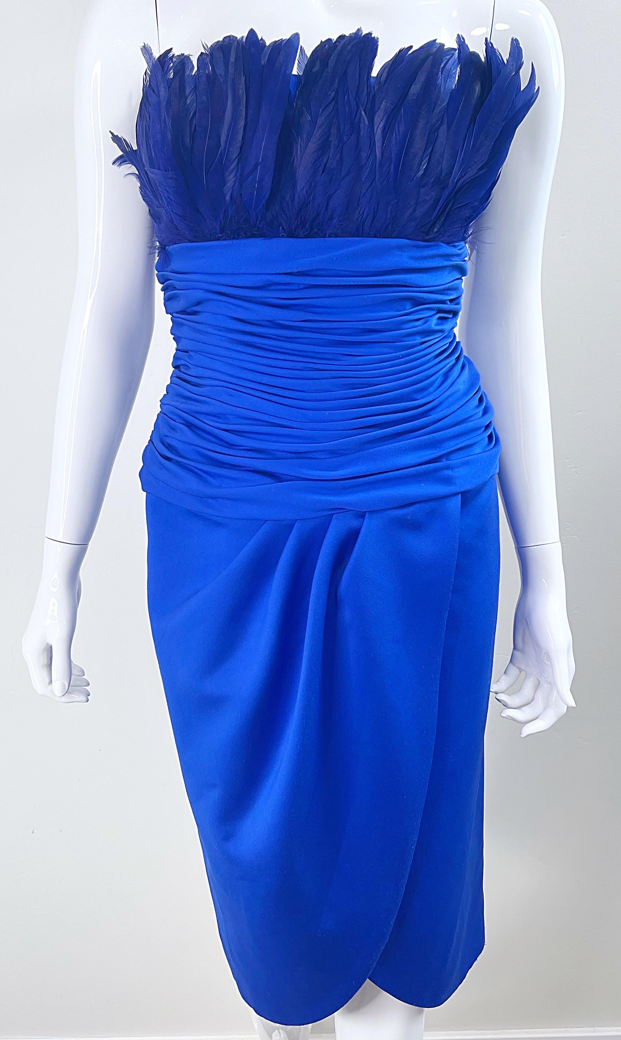 1980s Victor Costa Size XS Royal Blue Feather Bust Strapless 80s Dress For Sale 3