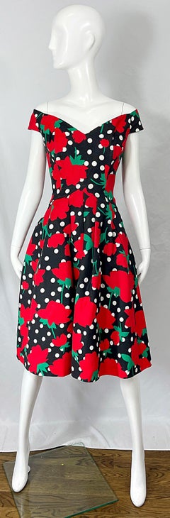 1980s Victor Costa Sz 8 10 Red Black White Rose Polka Dot Off Shoulder 80s Dress