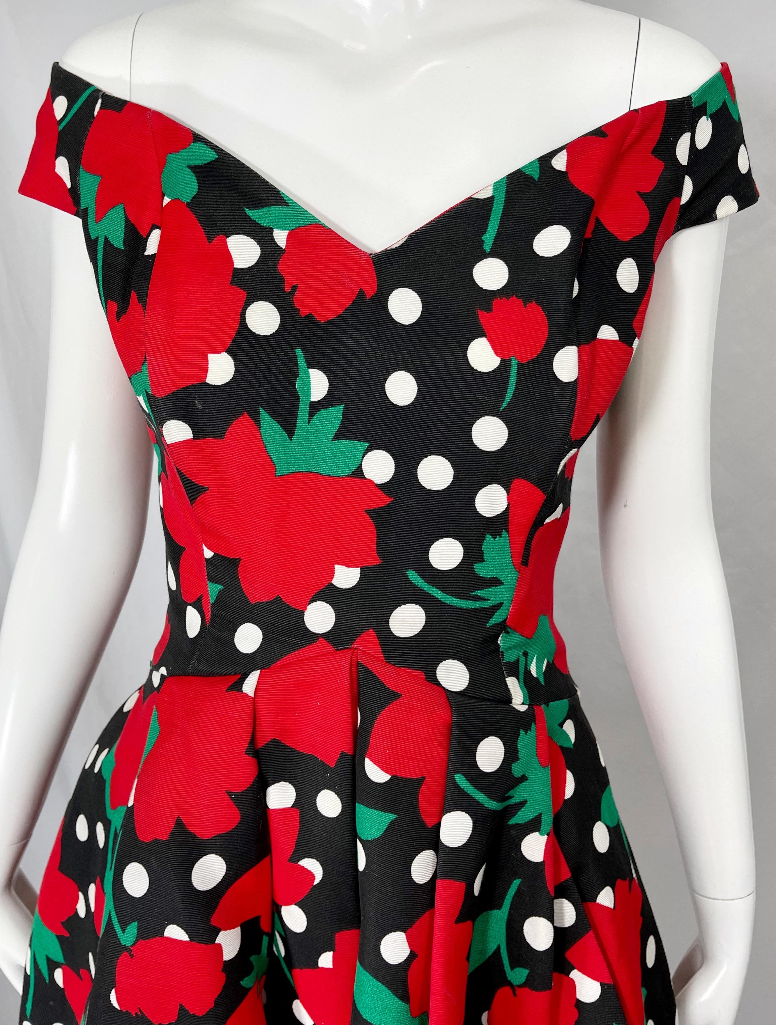1980s Victor Costa Sz 8 10 Red Black White Rose Polka Dot Off Shoulder 80s Dress In Excellent Condition For Sale In San Diego, CA