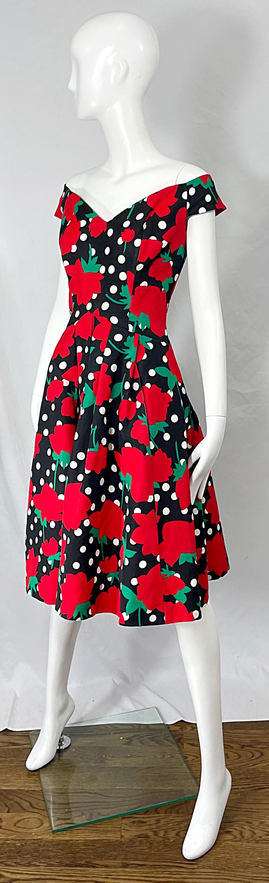 1980s Victor Costa Sz 8 10 Red Black White Rose Polka Dot Off Shoulder 80s Dress For Sale 2