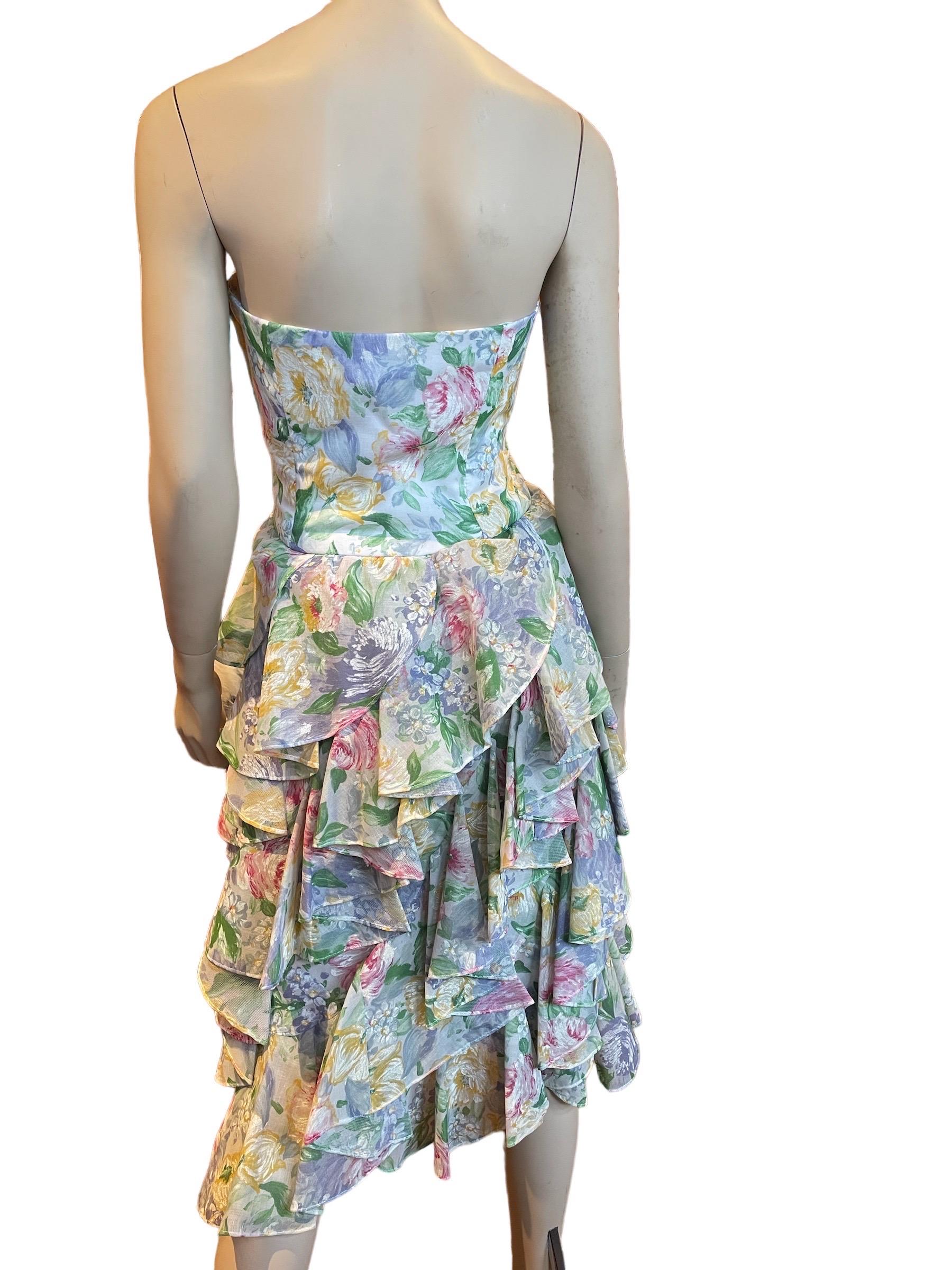 1980s Victor Costa Watercolor Floral Strapless Dress with Ruffled Skirt  In Good Condition For Sale In Greenport, NY