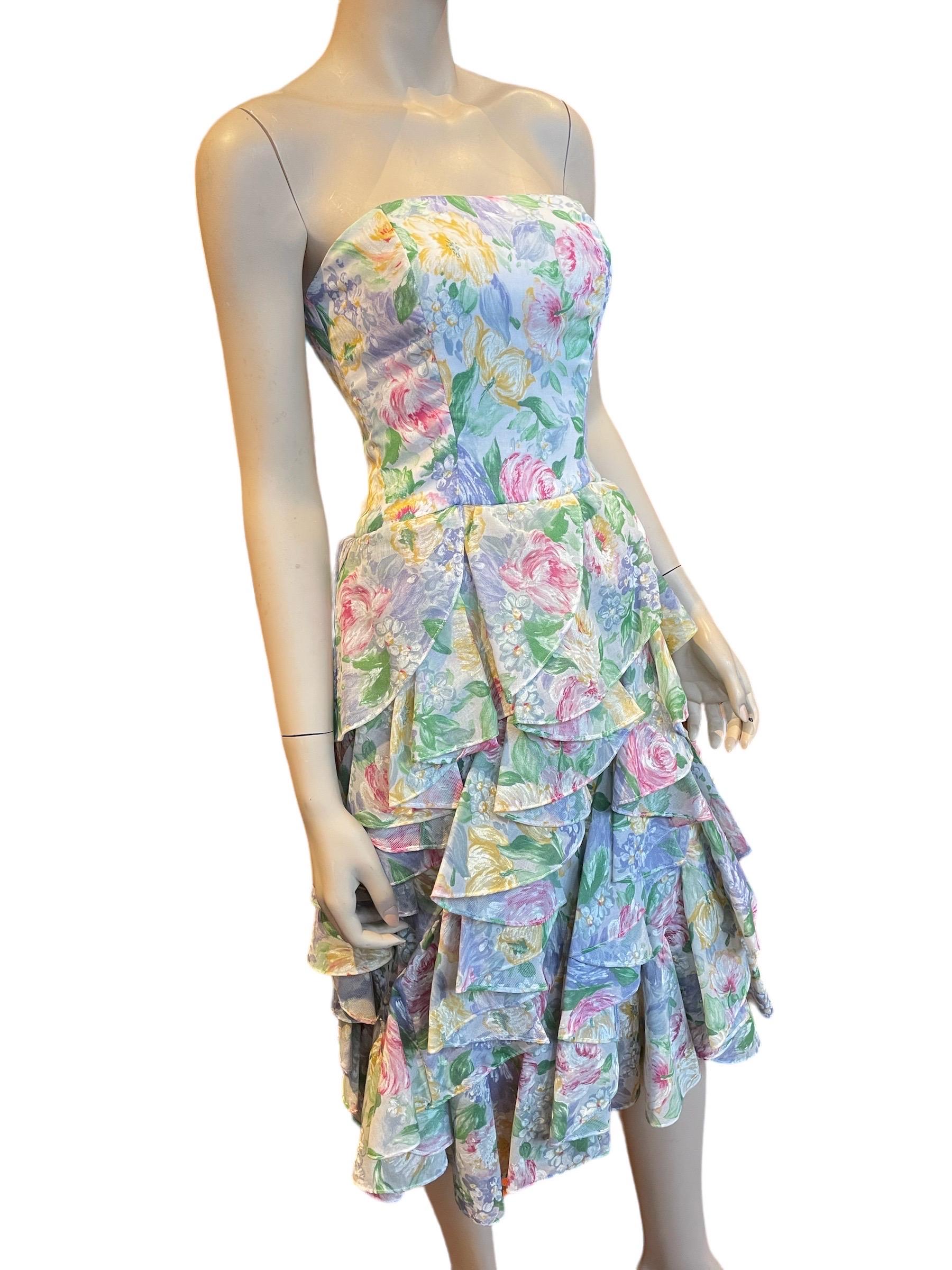 Women's or Men's 1980s Victor Costa Watercolor Floral Strapless Dress with Ruffled Skirt  For Sale