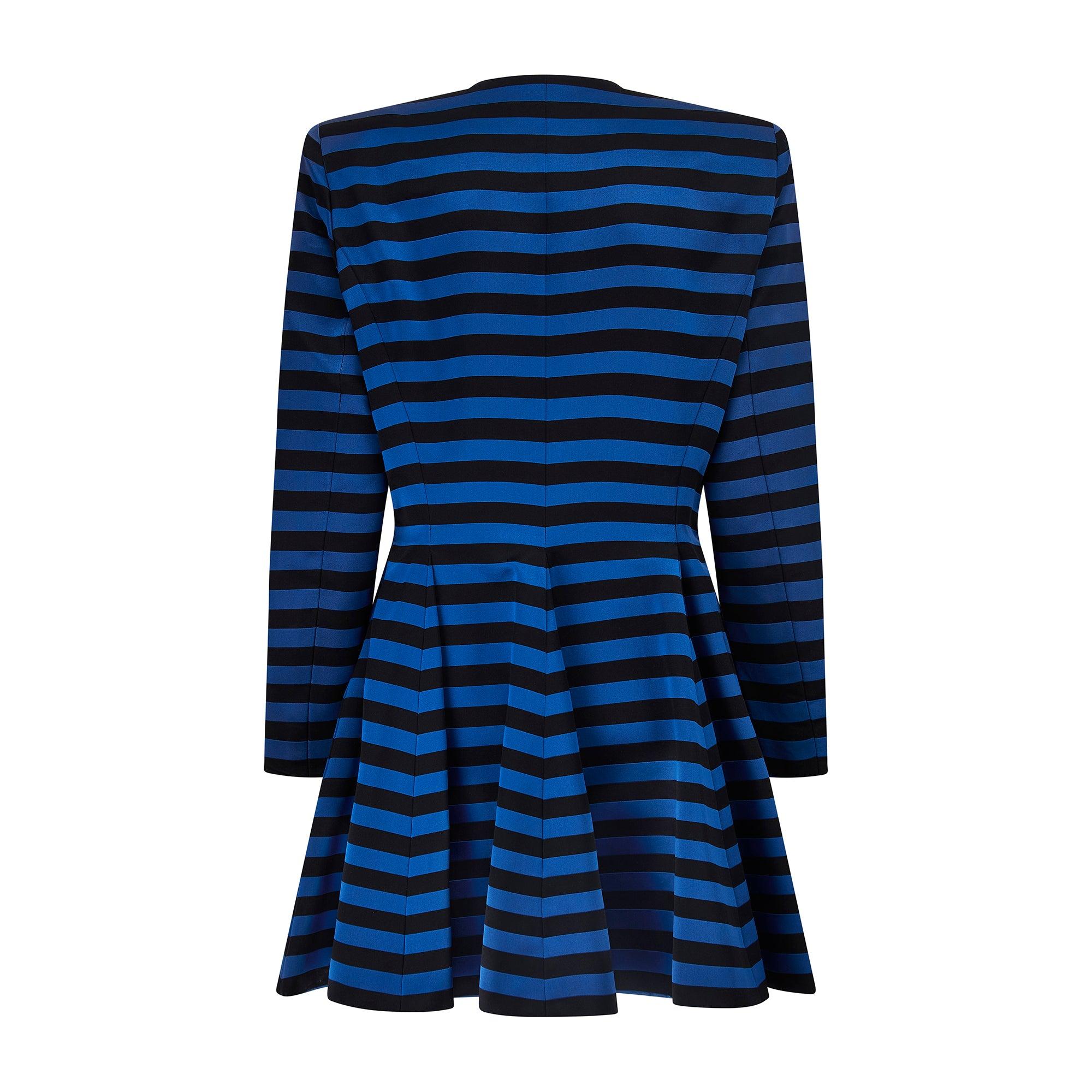 Purple 1980s Victor Edelstein Black and Blue Silk Striped Dress Coat For Sale