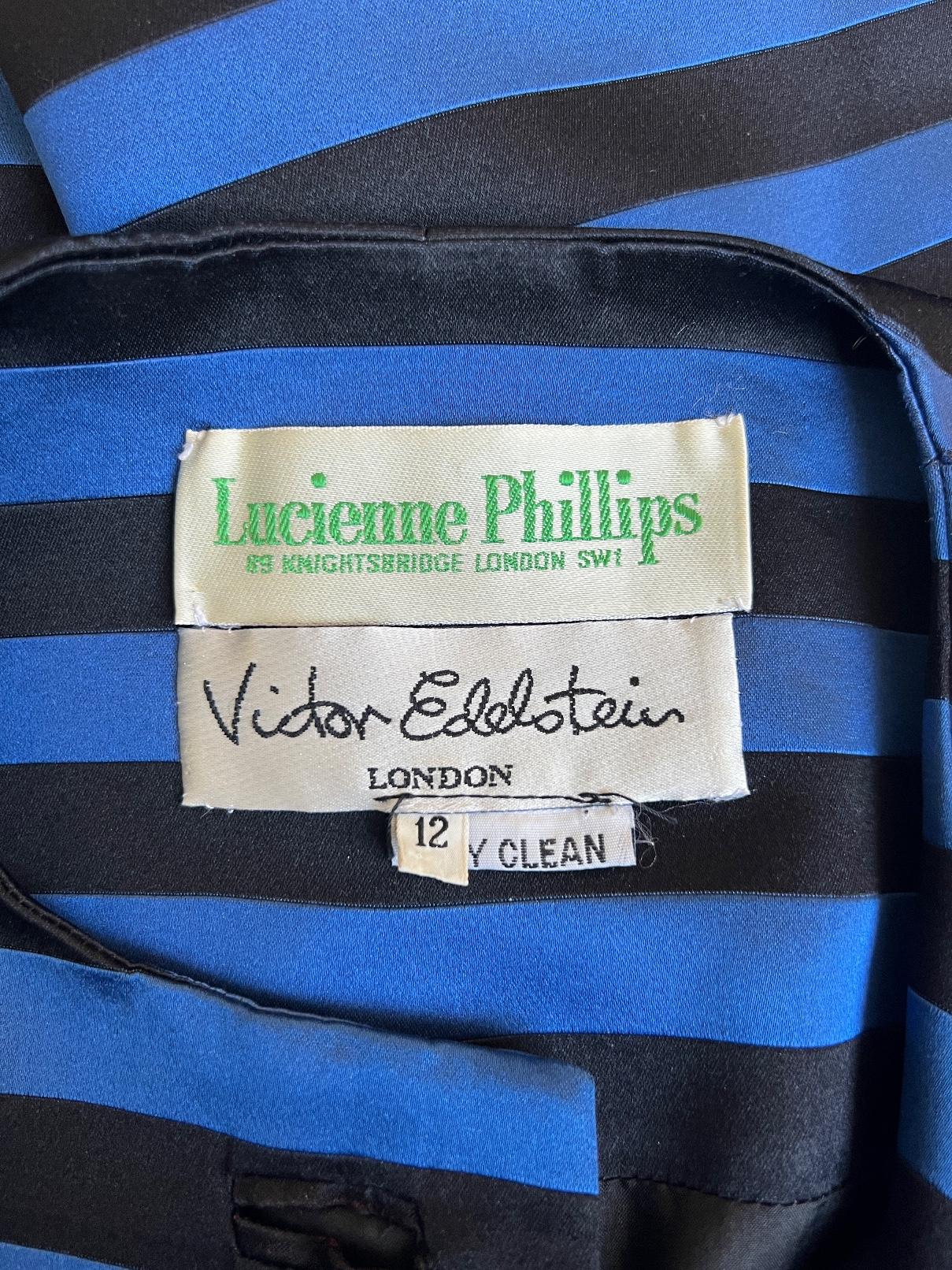 Women's 1980s Victor Edelstein Black and Blue Silk Striped Dress Coat For Sale
