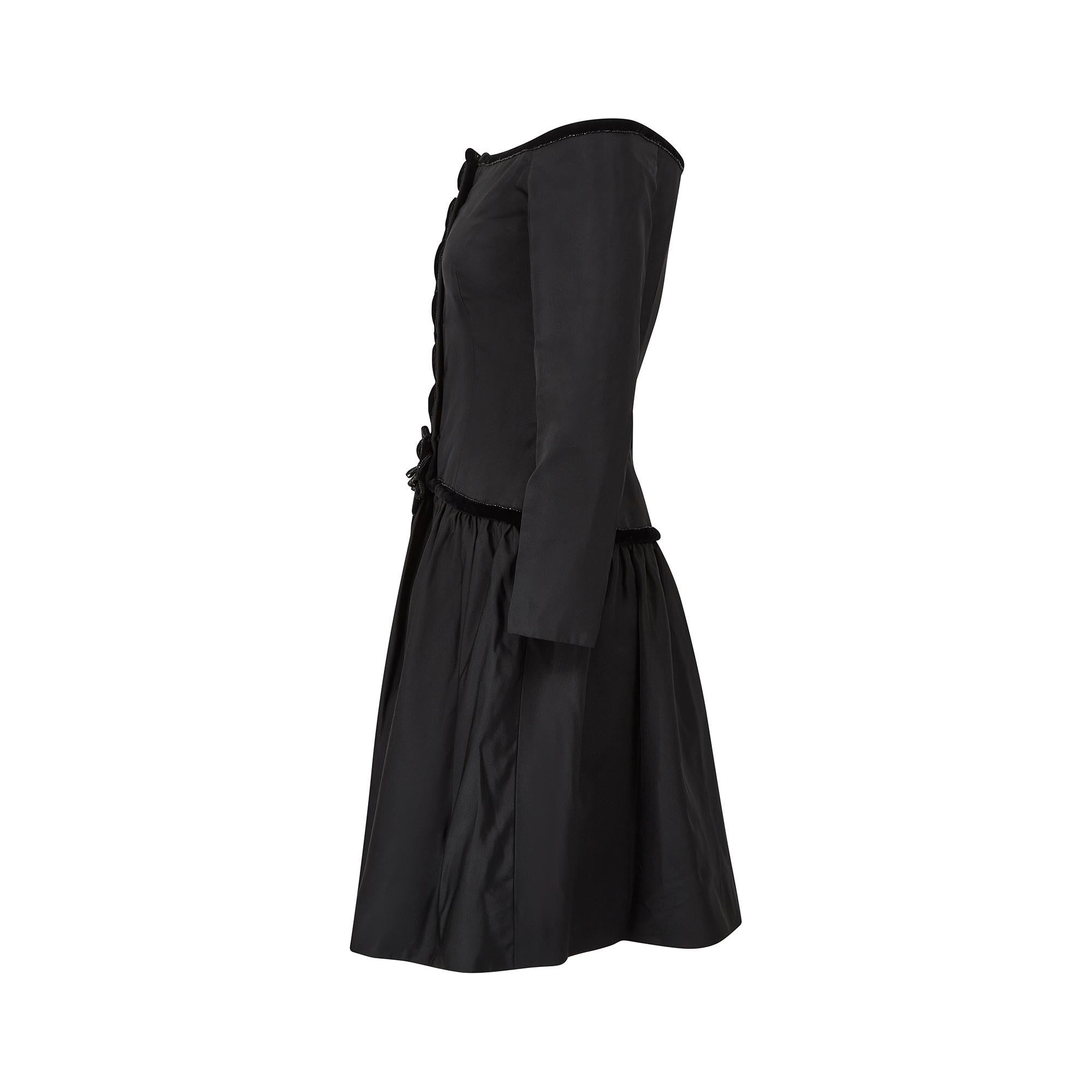 1980s Victor Edelstein Black Silk Cold Shoulder Velvet Ribbonwork Dress In Excellent Condition For Sale In London, GB