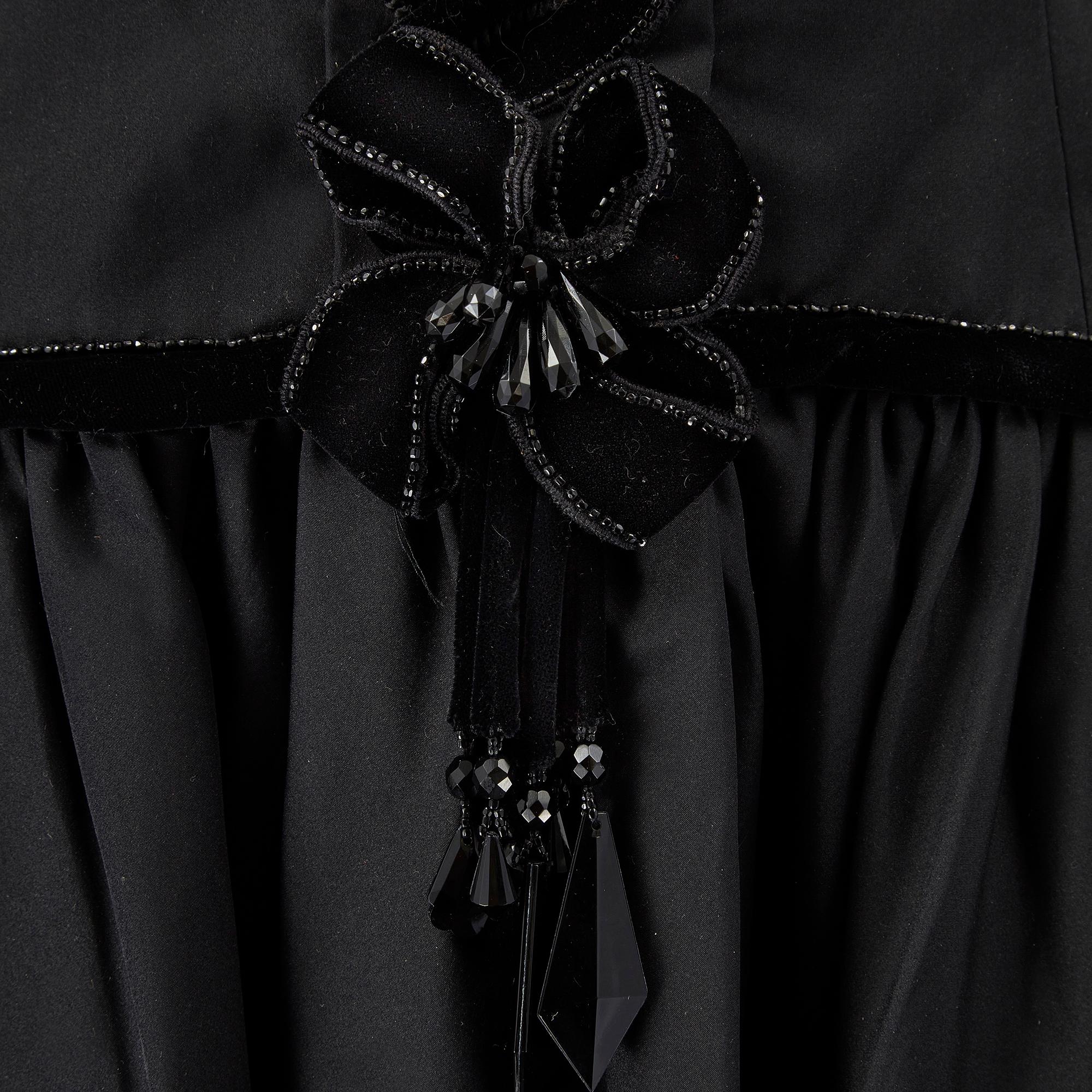 1980s Victor Edelstein Black Silk Cold Shoulder Velvet Ribbonwork Dress For Sale 1